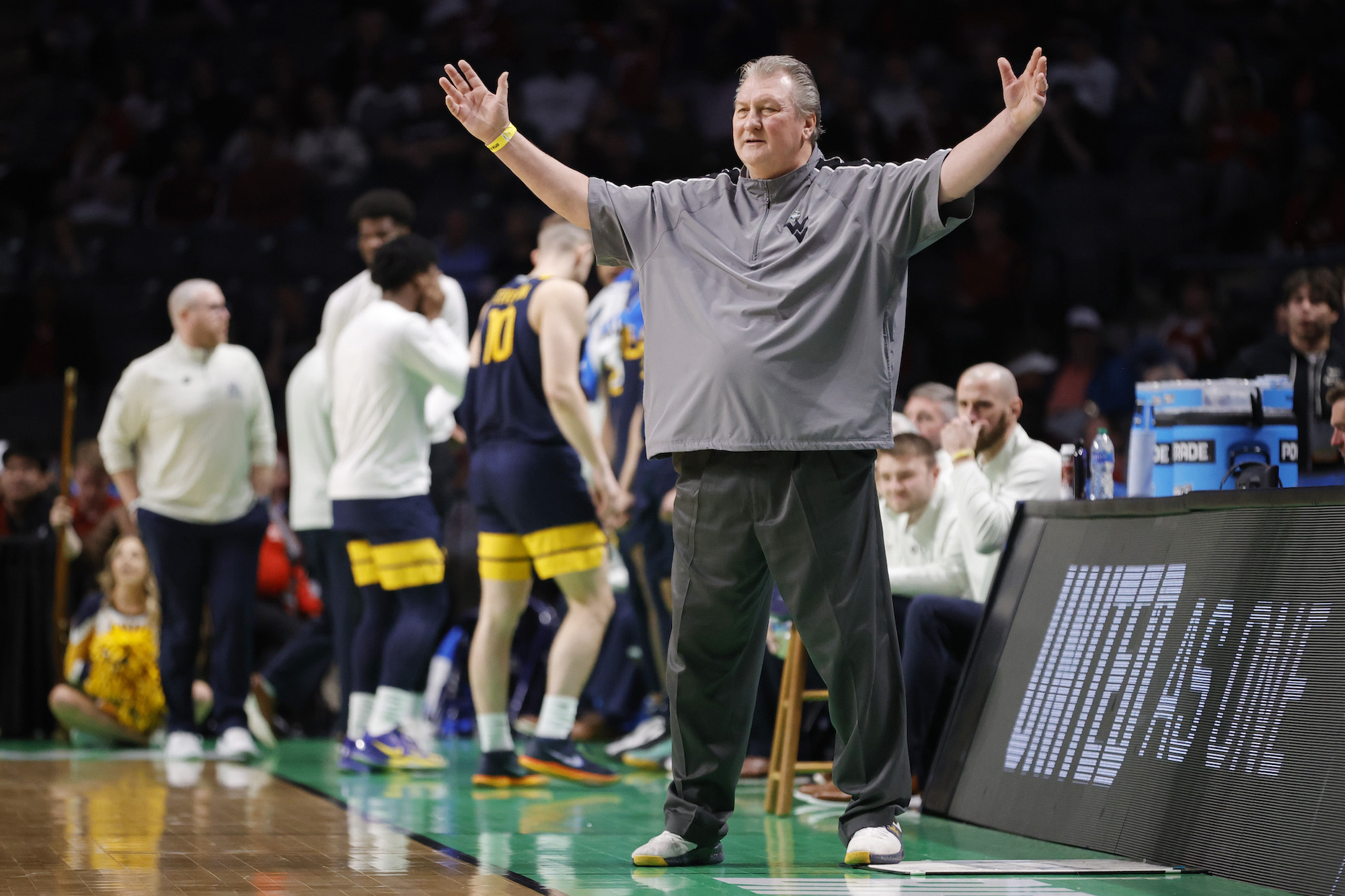 BIRMINGHAM, ALABAMA - MARCH 16: Head coach Bob Huggins of the West Virginia Mountaineers reacts during the second half against the Maryland Terrapins in the first round of the NCAA Men's Basketball Tournament at Legacy Arena at the BJCC on March 16, 2023 in Birmingham, Alabama. (Photo by Alex Slitz/Getty Images)