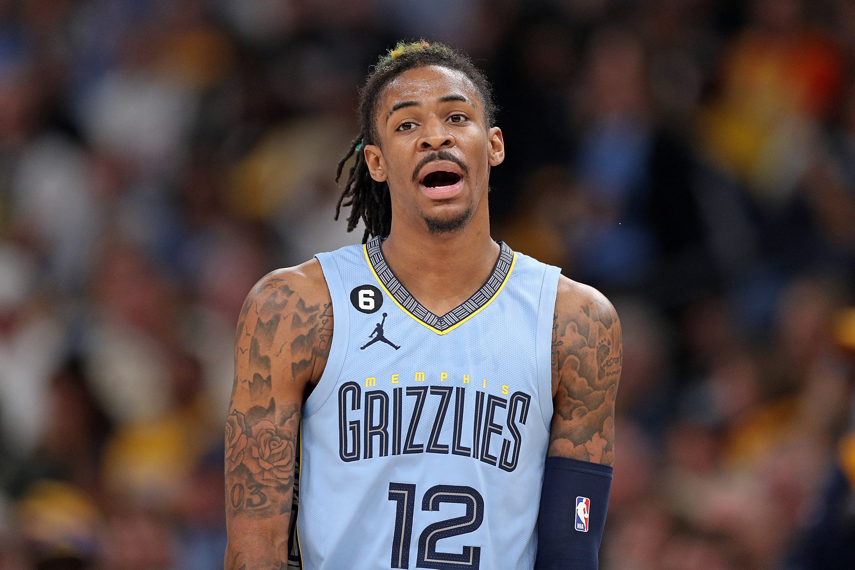 Ja Morant reacts to a call during the Grizzlies first-round playoff series against the Los Angeles Lakers on April 26, 2023.