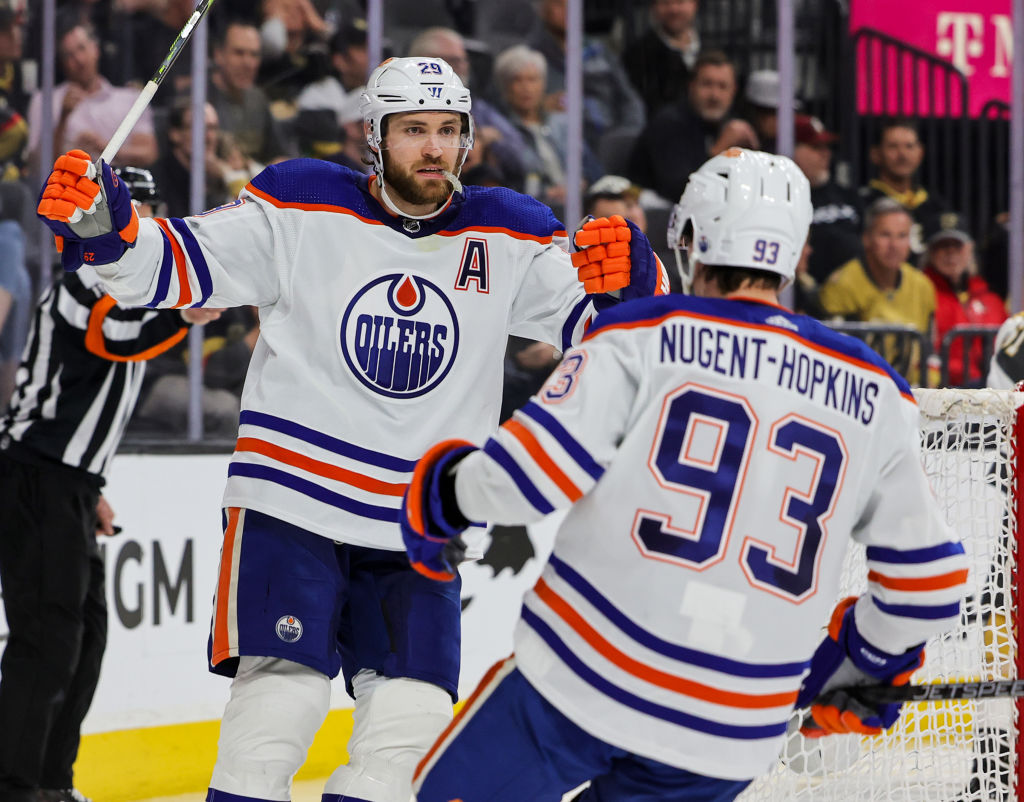 Leon Draisaitl #29 and Ryan Nugent-Hopkins #93 of the Edmonton Oilers celebrate Draisaitl's third-period power-play goal