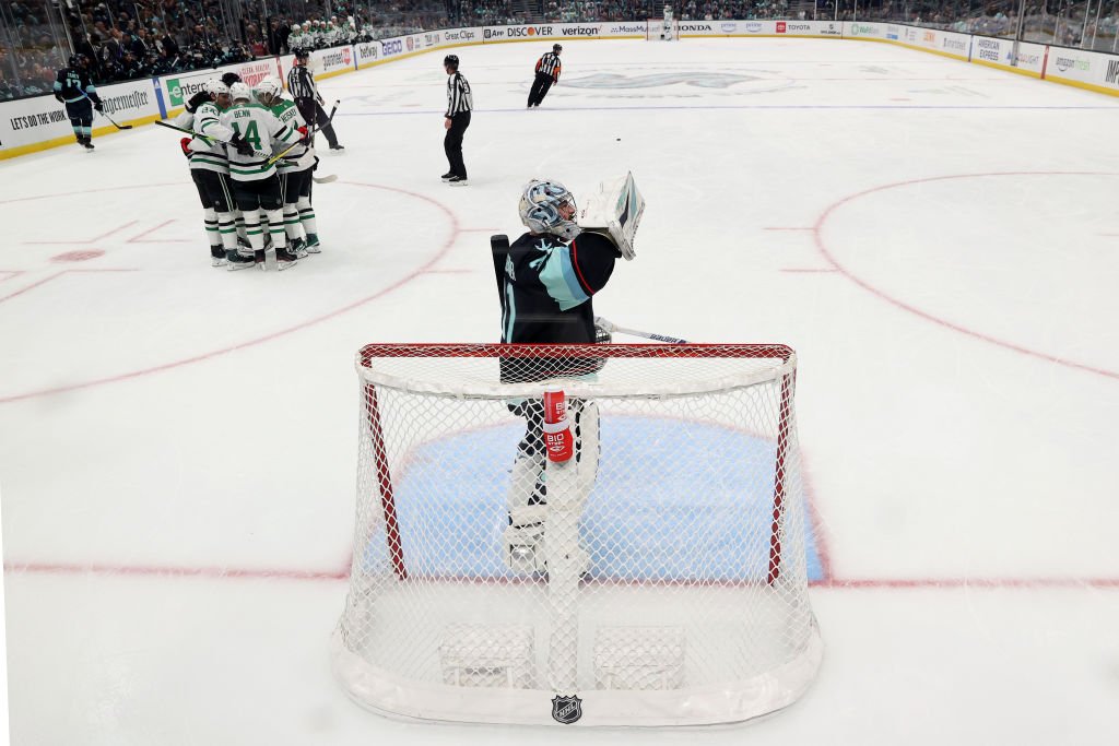 Philipp Grubauer looks on after giving up a goal