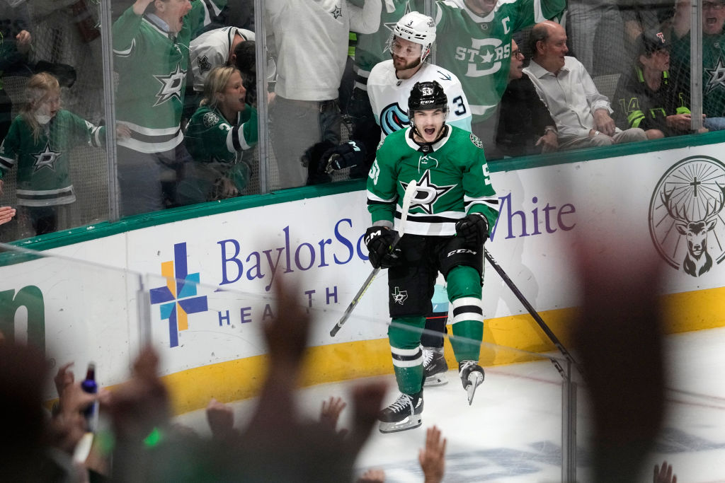 Wyatt Johnston celebrates after scoring a goal