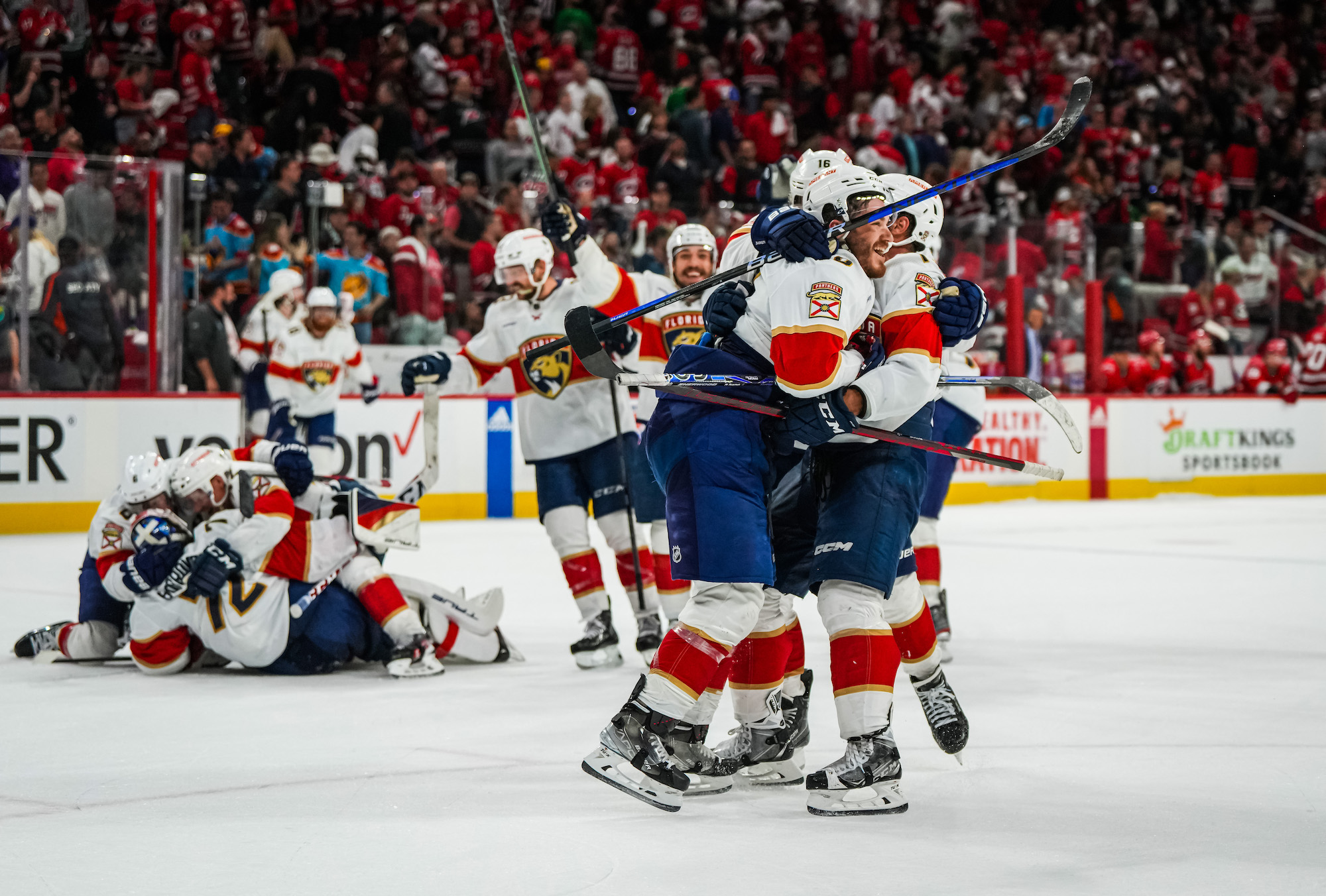 RALEIGH, NORTH CAROLINA - MAY 18: Matthew Tkachuk #19 of the Florida Panthers celebrates with teammates after scoring the game-winning goal during the fourth overtime to defeat the Carolina Hurricanes in Game One of the Eastern Conference Final of the 2023 Stanley Cup Playoffs at PNC Arena on May 18, 2023 in Raleigh, North Carolina. (Photo by Josh Lavallee/NHLI via Getty Images)
