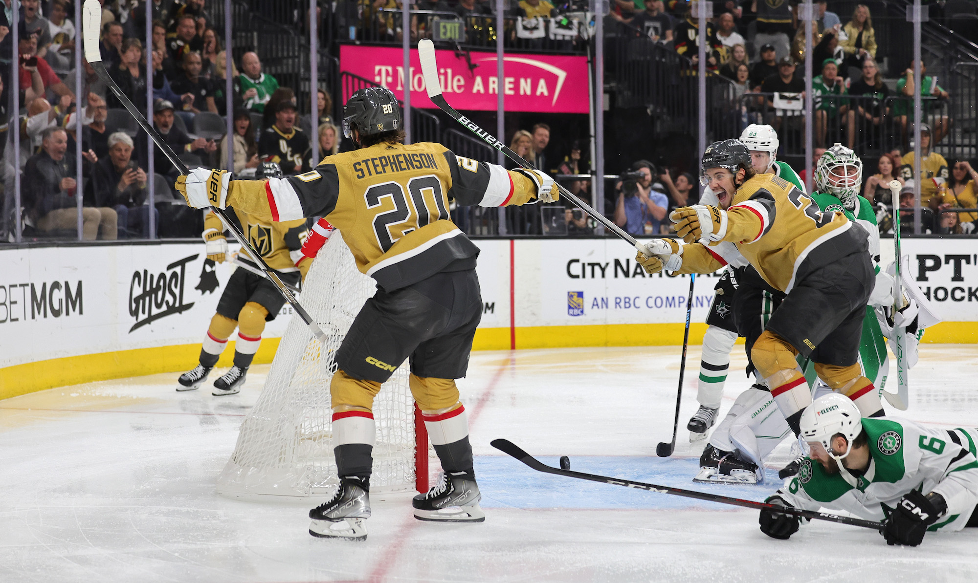 LAS VEGAS, NEVADA - MAY 21: Chandler Stephenson #20 of the Vegas Golden Knights celebrates after scoring the game-winning overtime goal against the Dallas Stars in Game Two of the Western Conference Final of the 2023 Stanley Cup Playoffs at T-Mobile Arena on May 21, 2023 in Las Vegas, Nevada. (Photo by Ethan Miller/Getty Images)