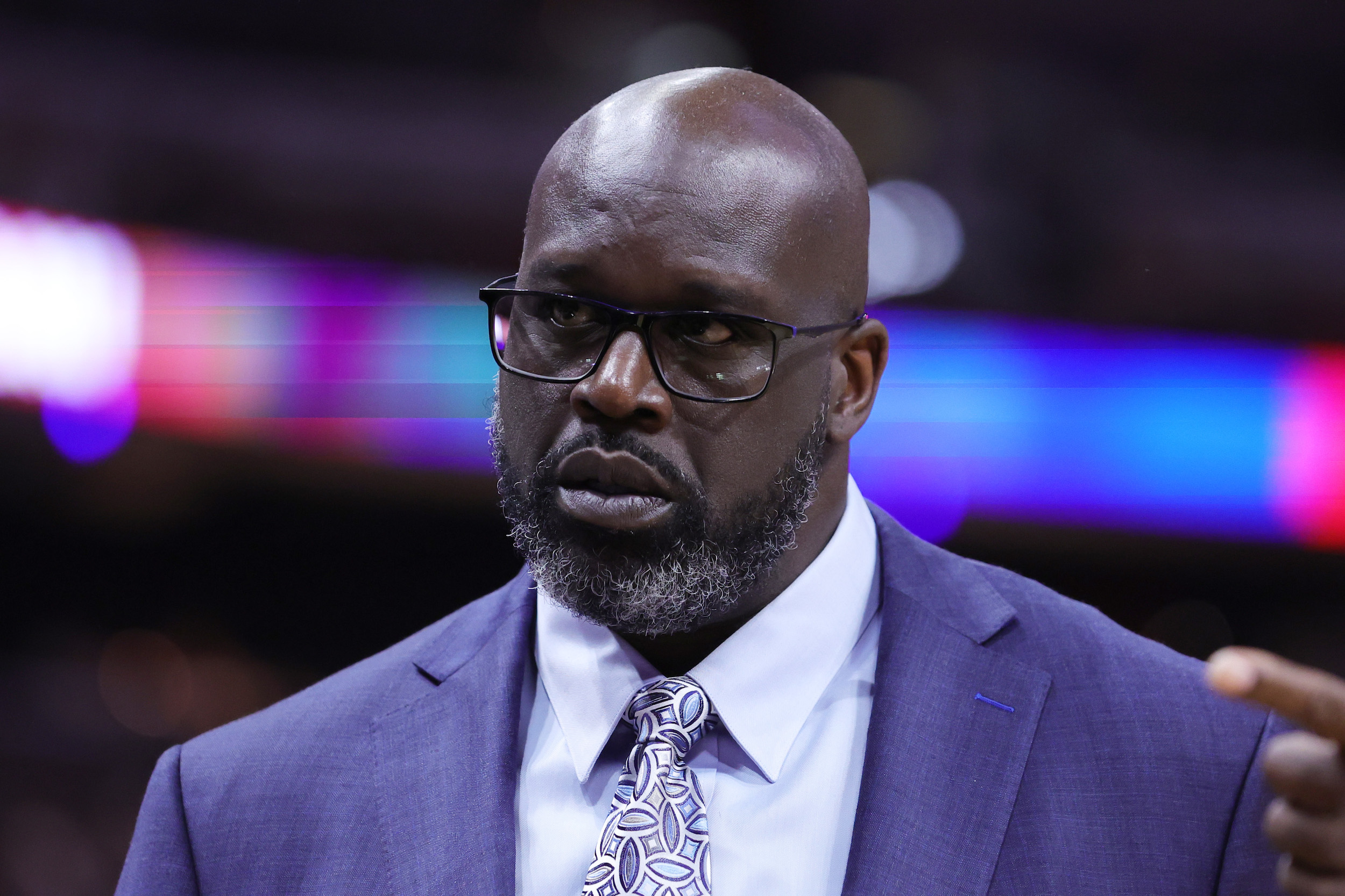Shaquille O'Neal looks glum.