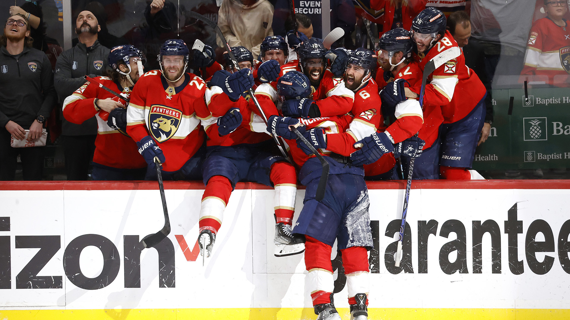 Matthew Tkachuk #19 of the Florida Panthers celebrates with his teammates after scoring the game winning goal on Frederik Andersen #31 of the Carolina Hurricanes during the third period in Game Four of the Eastern Conference Final of the 2023 Stanley Cup Playoffs at FLA Live Arena on May 24, 2023 in Sunrise, Florida.