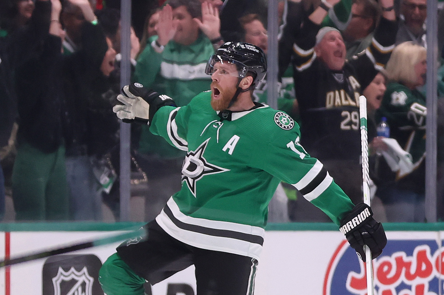 DALLAS, TEXAS - MAY 25: Joe Pavelski #16 of the Dallas Stars celebrates a game-winning power play goal against the Vegas Golden Knights during overtime in Game Four of the Western Conference Final of the 2023 Stanley Cup Playoffs at American Airlines Center on May 25, 2023 in Dallas, Texas. (Photo by Steph Chambers/Getty Images)
