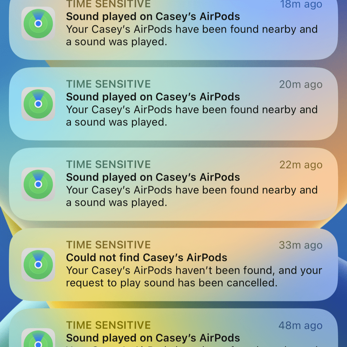 A screenshot of notifications from the author's FindMy app