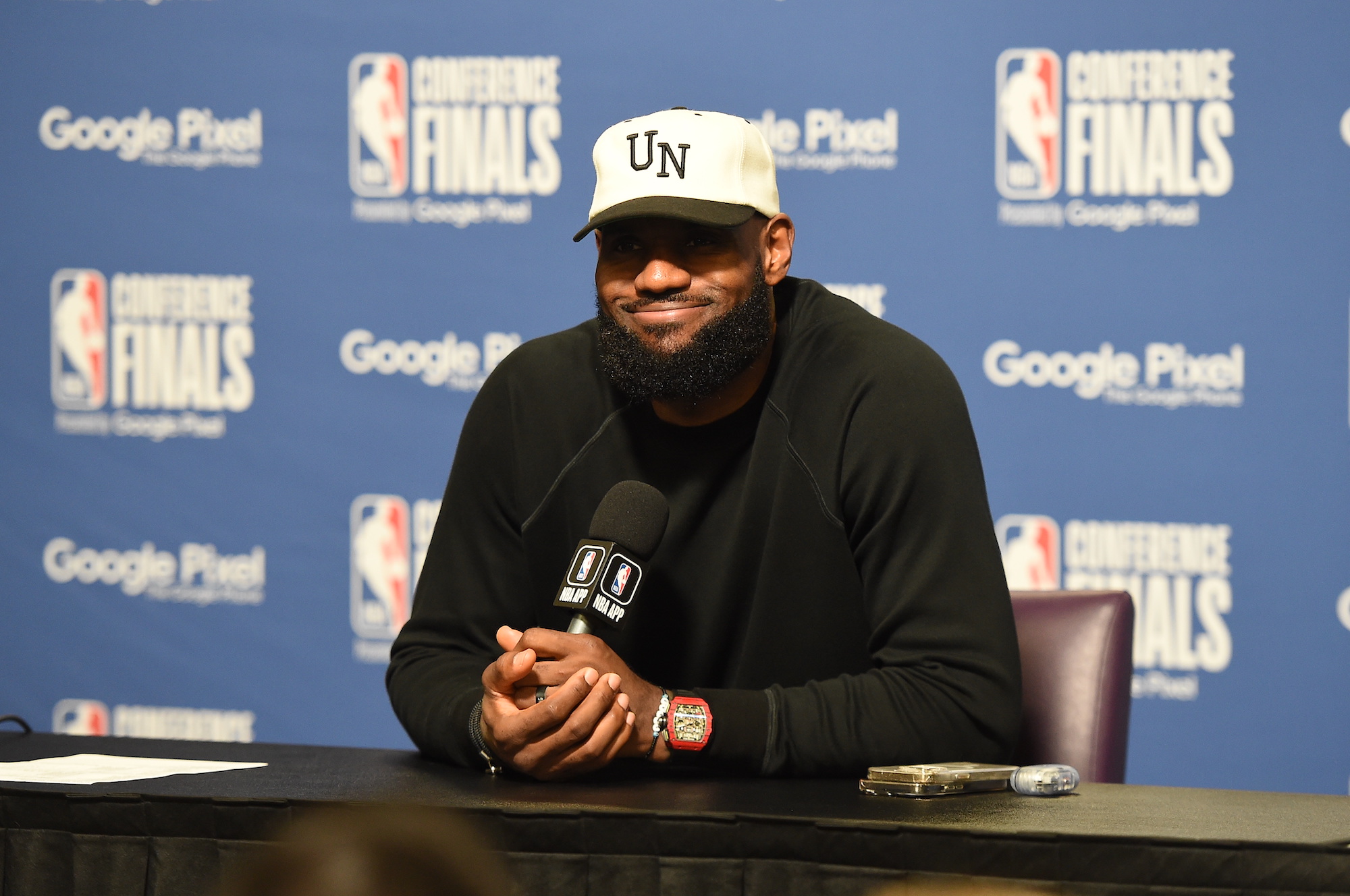 LeBron James talks to press after the Lakers' Western Conference Finals loss to the Nuggets