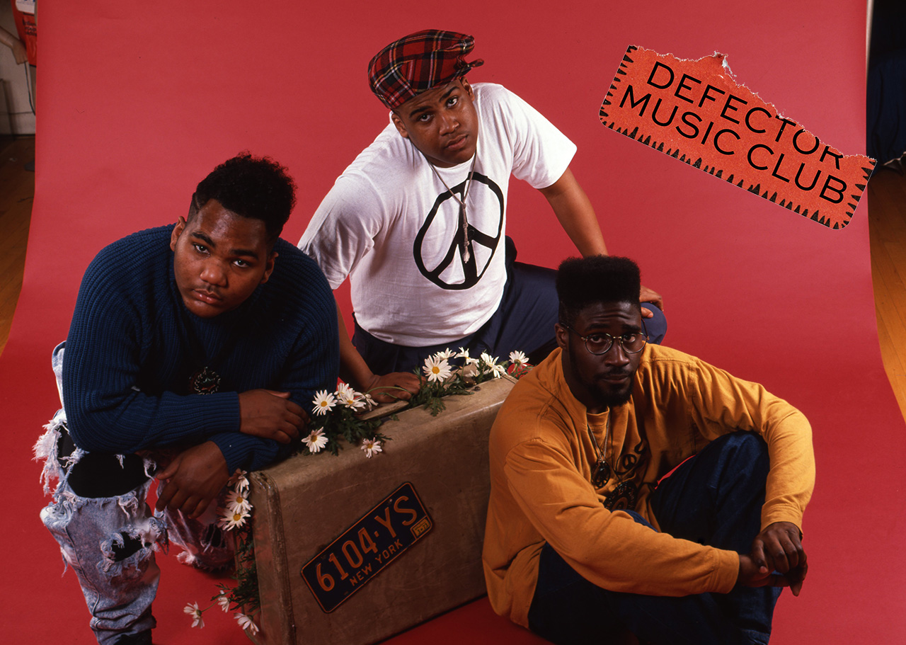 Vincent Mason aka P.A. Pasemaster Mase aka Maseo aka Plug Three, David Jude Jolicoeur aka Trugoy the Dove aka Dave aka Plug Two and Kevin Mercer aka Posdnuos aka Mercenary aka Plug Wonder Why aka Plug One of the hip hop trio De La Soul pose for a portrait in 1990.