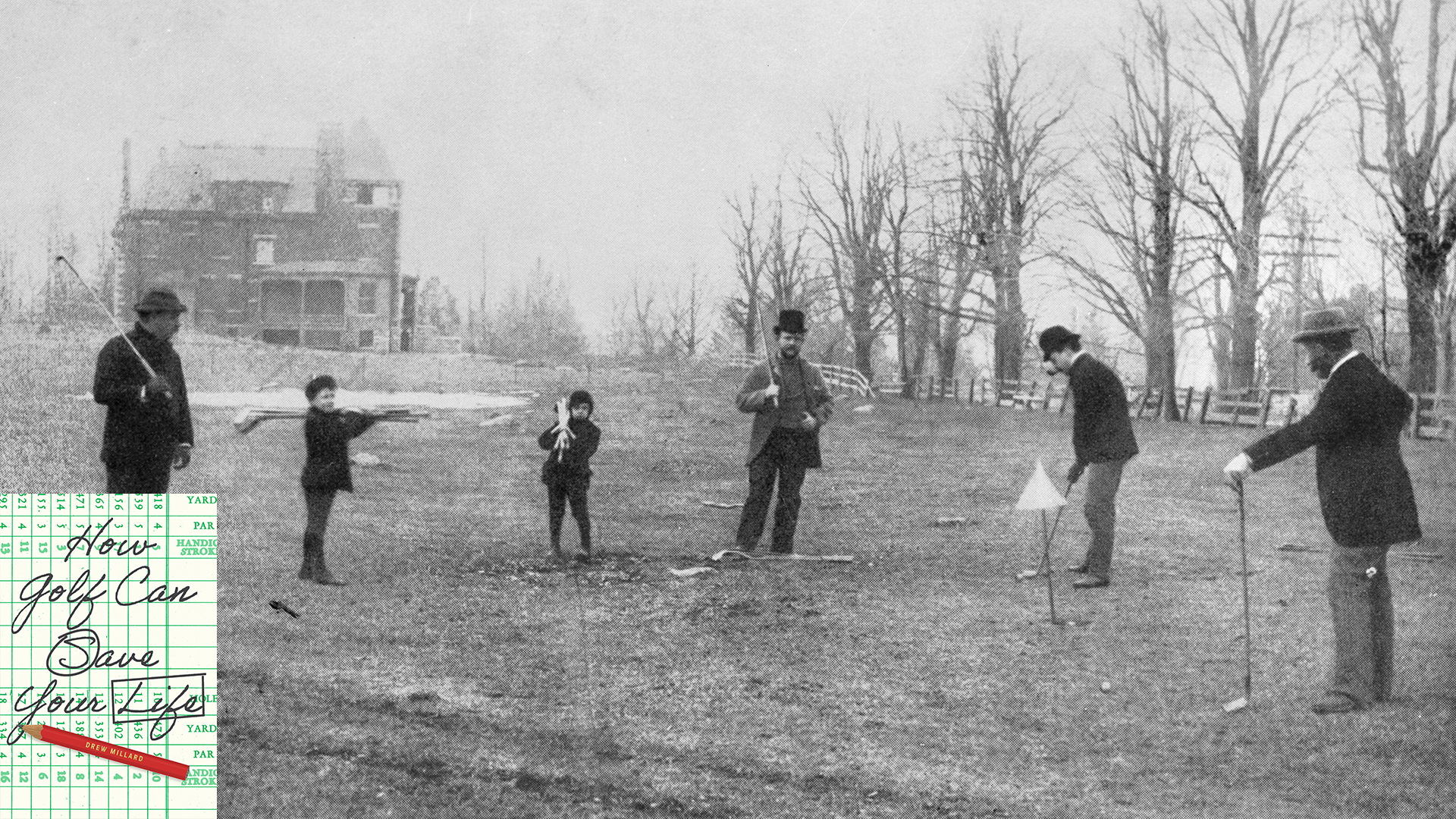Old timey photo of golfers with 'How Golf Can Save Your Life' book cover in the bottom left corner