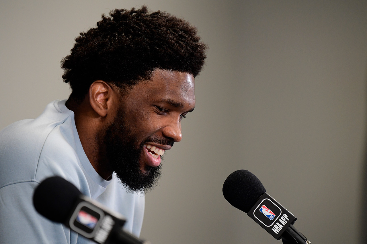 BOSTON, MA - MAY 9: Joel Embiid #21 of the Philadelphia 76ers talks to the media after the game against the Boston Celtics during the Eastern Conference Semi Finals of the 2023 NBA Playoffs on May 9, 2023 at the TD Garden in Boston, Massachusetts.