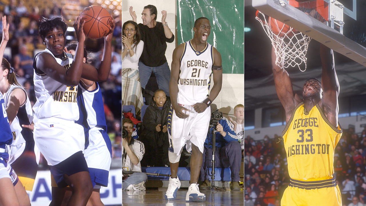 Triptych of Tajama Abraham, Pops Mensah-Bonsu and Yinka Dare while playing with George Washington Colonials. Abraham is grabbing a rebound, Mensah-Bonsu is celebrating, Dare is dunking.