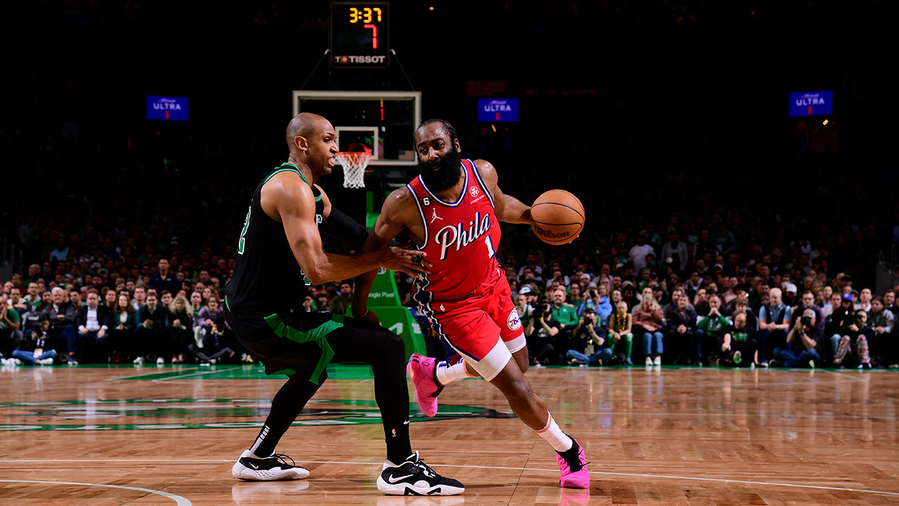 BOSTON, MA - MAY 1: James Harden #1 of the Philadelphia 76ers drives to the basket during Round Two Game One of the 2023 NBA Playoffs on May 1, 2023 at the TD Garden in Boston, Massachusetts. NOTE TO USER: User expressly acknowledges and agrees that, by downloading and or using this photograph, User is consenting to the terms and conditions of the Getty Images License Agreement. Mandatory Copyright Notice: Copyright 2023 NBAE