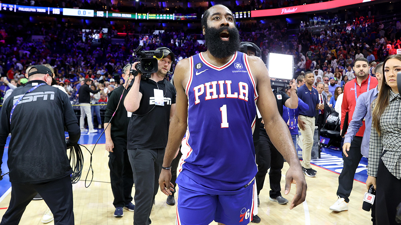 PHILADELPHIA, PENNSYLVANIA - MAY 07: James Harden #1 of the Philadelphia 76ers celebrates after defeating the Boston Celtics in overtime of game four of the Eastern Conference Second Round Playoffs at Wells Fargo Center on May 07, 2023 in Philadelphia, Pennsylvania.