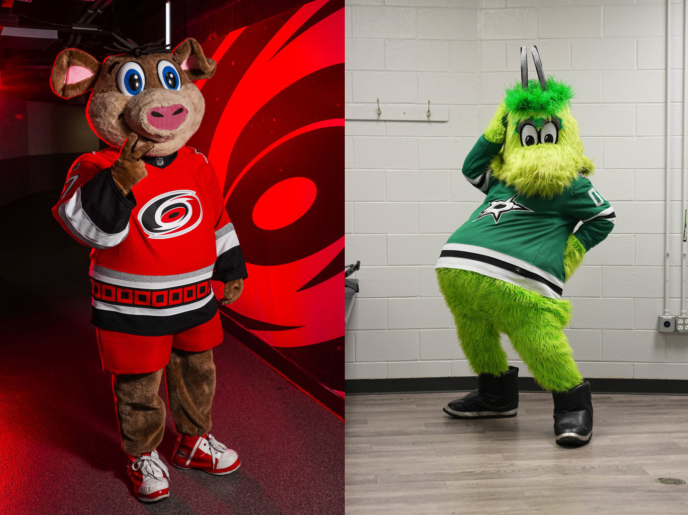 Carolina Hurricanes mascot Stormy and Victor E. Green of the Dallas Stars