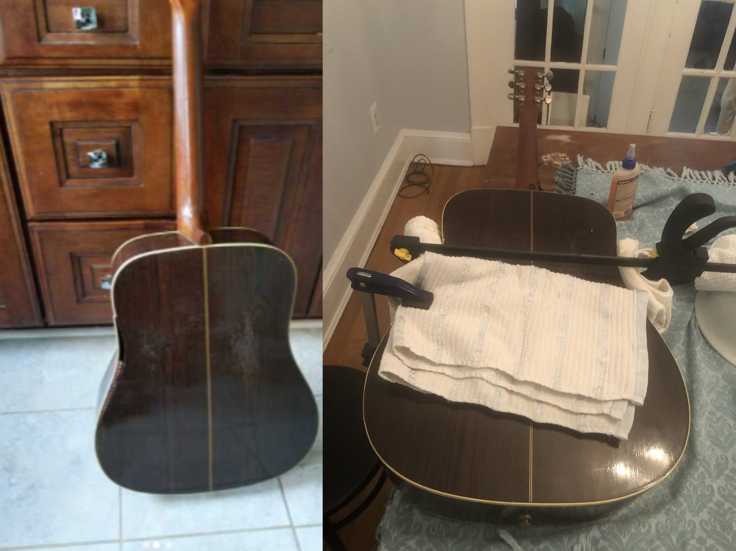 The guitar as it appeared on Craigslist and the guitar as it's being repaired, split screen