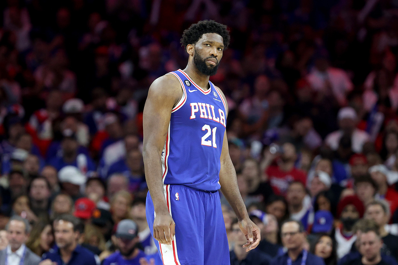 Joel Embiid #21 of the Philadelphia 76ers reacts against the Boston Celtics during the third quarter in game six of the Eastern Conference Semifinals in the 2023 NBA Playoffs at Wells Fargo Center on May 11, 2023 in Philadelphia, Pennsylvania.