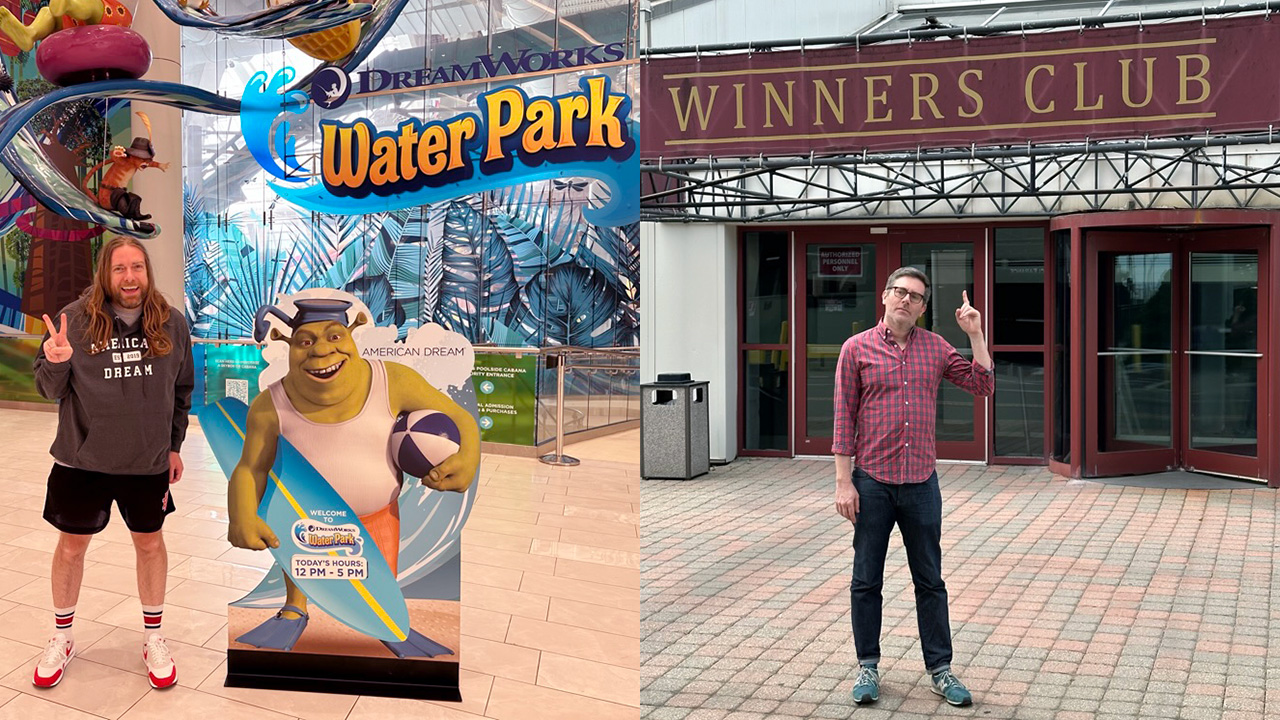 Split image: Dan McQuade (left) wearing an American Dream EST. 2019 hoodie standing next to a cardboard cutout of Shrek at the DreamWorks Water Park inside a mall. David Roth (right) pointing up at the "WINNERS CIRCLE" entrance at the old Meadowlands Arena.