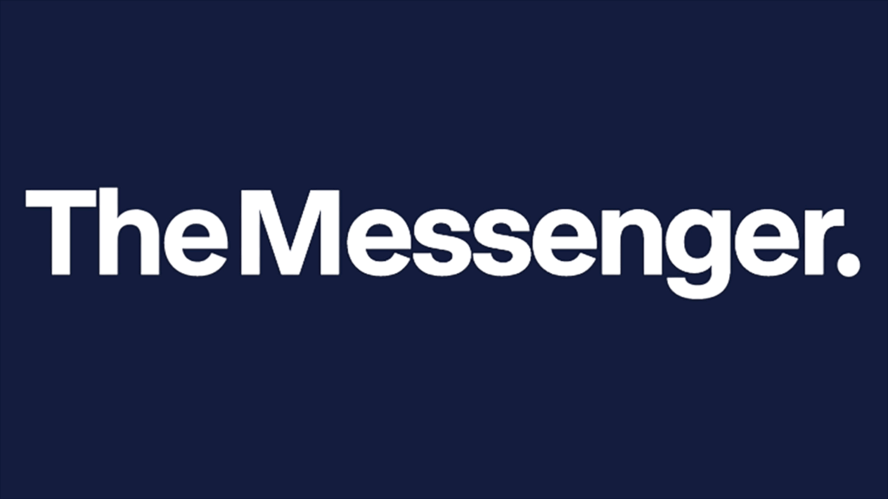 Logo for The Messenger, with letters flickering out and then going blank. First the 'h', then the 'nge', then the 'T e e r.' Blue background, white text.