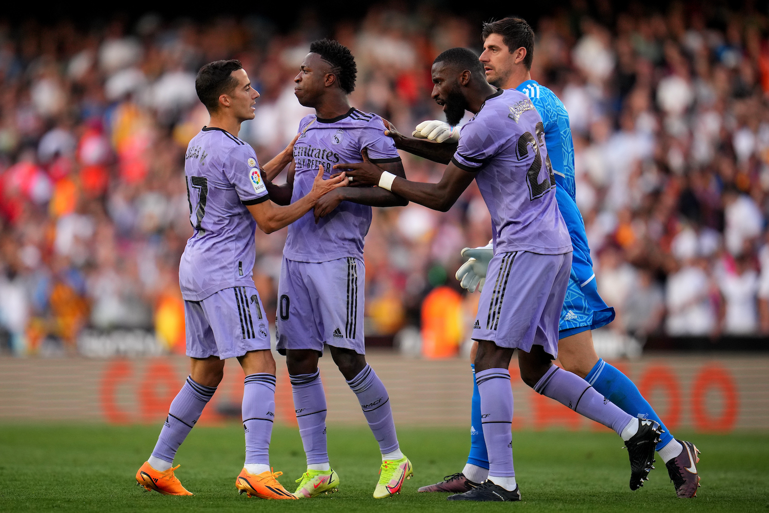 Real Madrid's Vinícius Jr. reacts to being sent off against Valenica CF after incidents of racism from fans