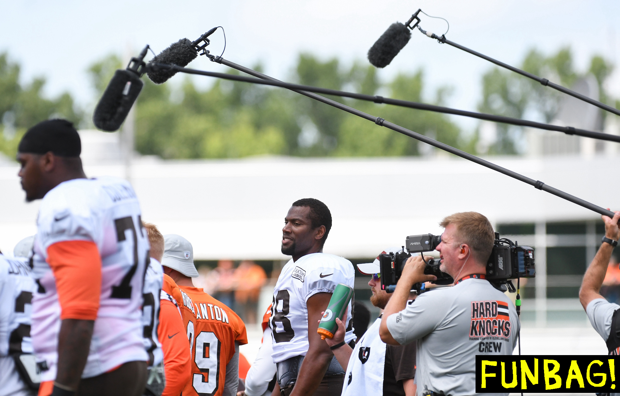 BEREA, OH - JULY 28: Microphones of HBO's "Hard Knocks" series hover over the Cleveland Browns offense during a training camp practice on July 28, 2018 at the Cleveland Browns training facility in Berea, Ohio. (Photo by Nick Cammett/Diamond Images/Getty Images)