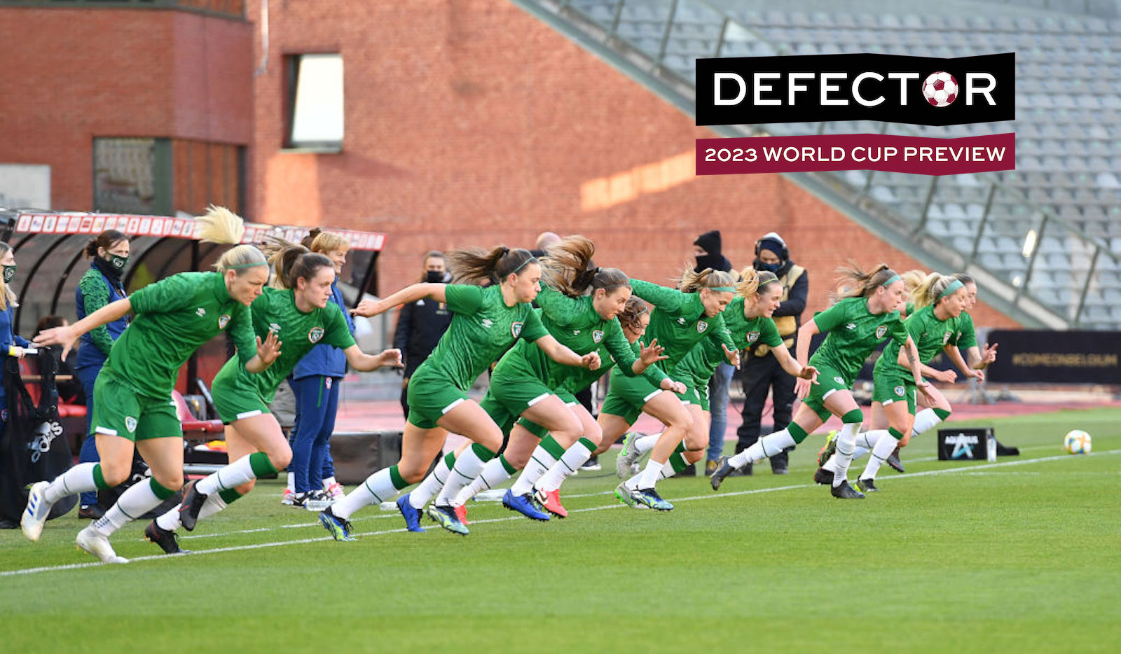 Irish players pictured at the warm up on the field ahead of a friendly women's soccer game between Belgium's national team the Red Flames and the Republic of Ireland, Sunday 11 April 2021 in Brussels. BELGA PHOTO DAVID CATRY (