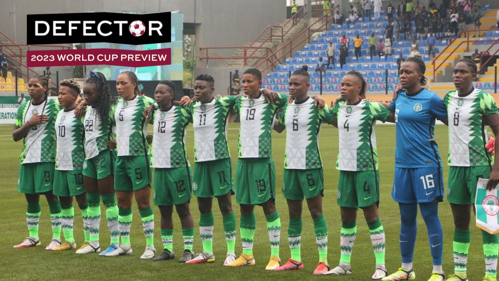 Nigeria's female national football team Super Falcons pose for a group photo before the final of Aisha Buhari Invitational tournament at the Mobolaji Johnson Arena in Lagos state, Nigeria Sept. 21, 2021. South Africa's female national football team Banyana Banyana on Tuesday night emerged champions of the maiden edition of the Aisha Buhari Invitational Women's Tournament after defeating the Super Falcons of Nigeria 4-2 in the last game.