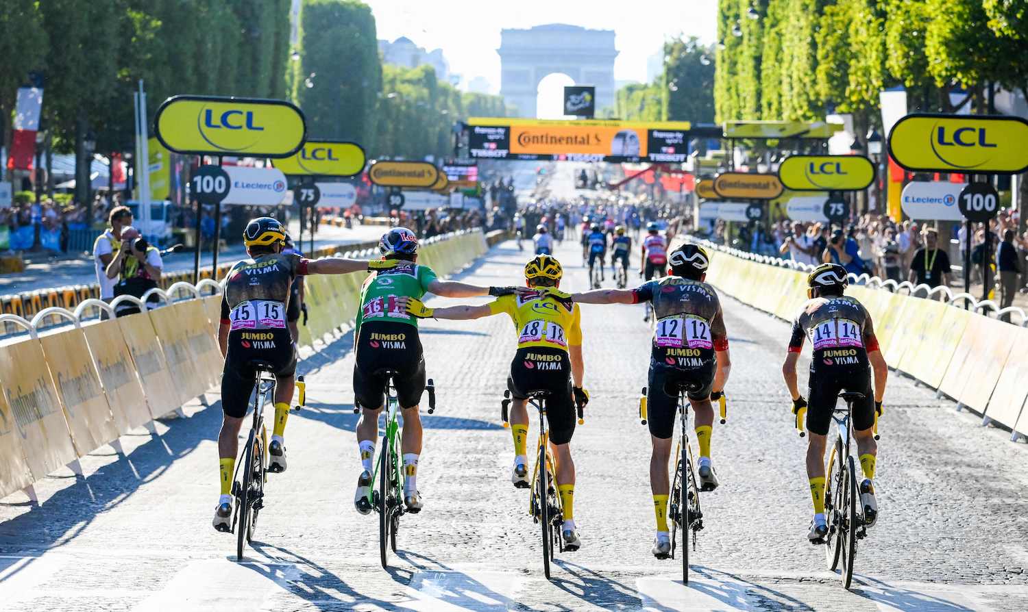 French Christophe Laporte of Jumbo-Visma, Belgian Wout Van Aert of Jumbo-Visma, Danish Jonas Vingegaard of Jumbo-Visma, Belgian Tiesj Benoot of Jumbo-Visma and US' Sepp Kuss of Jumbo-Visma pictured in action during stage 21, the final stage of the Tour de France cycling race, from Paris la Defense Arena to Paris Champs-Elysees, France, on Sunday 24 July 2022. This year's Tour de France takes place from 01 to 24 July 2022. BELGA PHOTO POOL LEQUIPPE - UK OUT (Photo by POOL LEQUIPPE / BELGA MAG / Belga via AFP) (Photo by POOL LEQUIPPE/BELGA MAG/AFP via Getty Images)