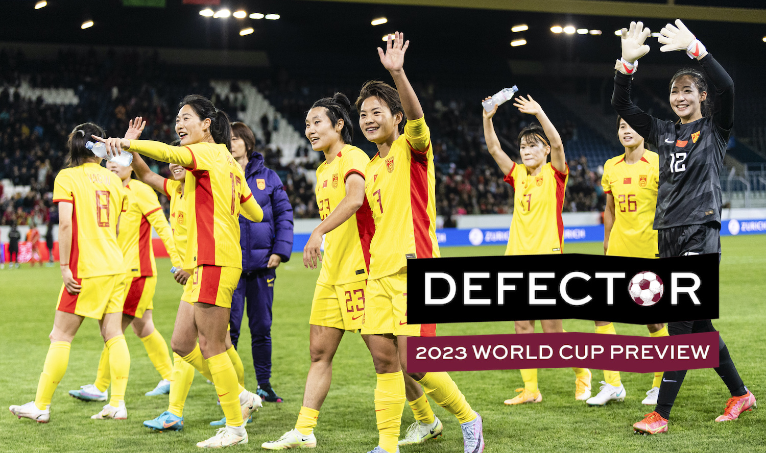 LUCERNE, SWITZERLAND - APRIL 06: Wang Shuang of China (C) and teammates thanks supporters for standing during the International Womens Friendly match between Switzerland and China at Swissporarena on April 6, 2023 in Lucerne, Switzerland. (Photo by Marcio Machado/Eurasia Sport Images/Getty Images)