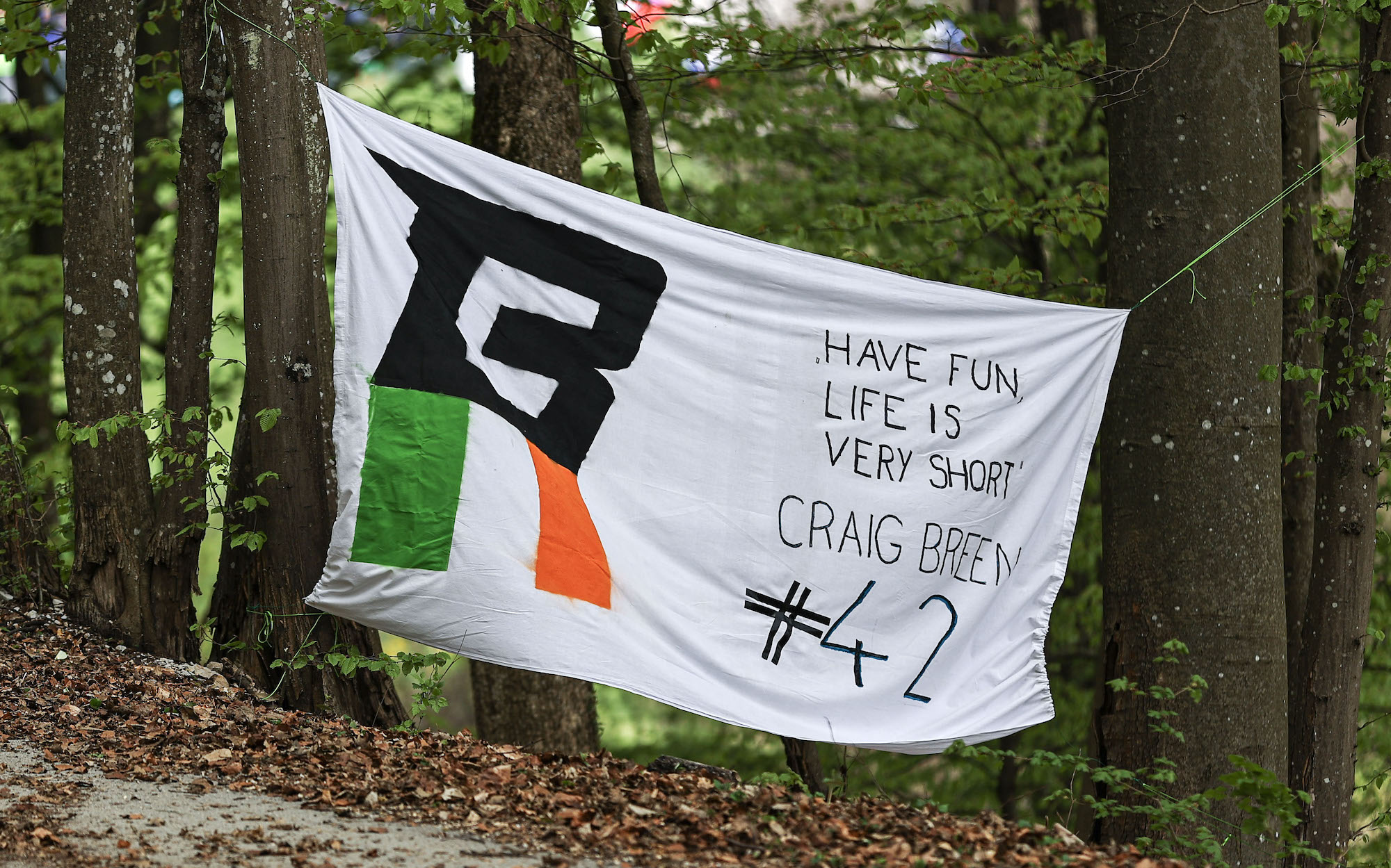 ZAGREB, CROATIA - MARCH 20: A sign in tribute to Craig Breen of Ireland and Hyundai Shell Mobis World Rally Team who succumbed to injuries sustained in a testing crash last week during Day One of the FIA World Rally Championship Croatia on March 20, 2023 in Zagreb, Croatia. (Photo by Qian Jun/MB Media/Getty Images)