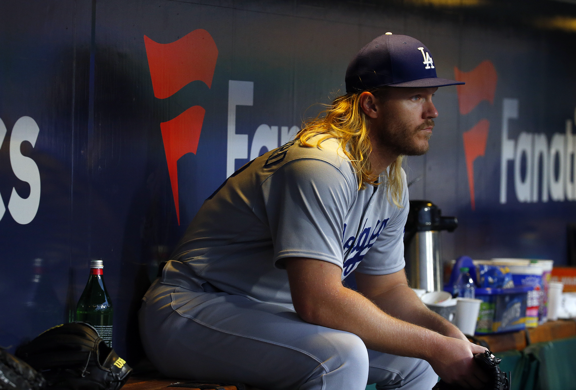 PITTSBURGH, PA - APRIL 25: Noah Syndergaard #43 of the Los Angeles Dodgers looks on from the dugout in the fifth inning against the Pittsburgh Pirates at PNC Park on April 25, 2023 in Pittsburgh, Pennsylvania. (Photo by Justin K. Aller/Getty Images)