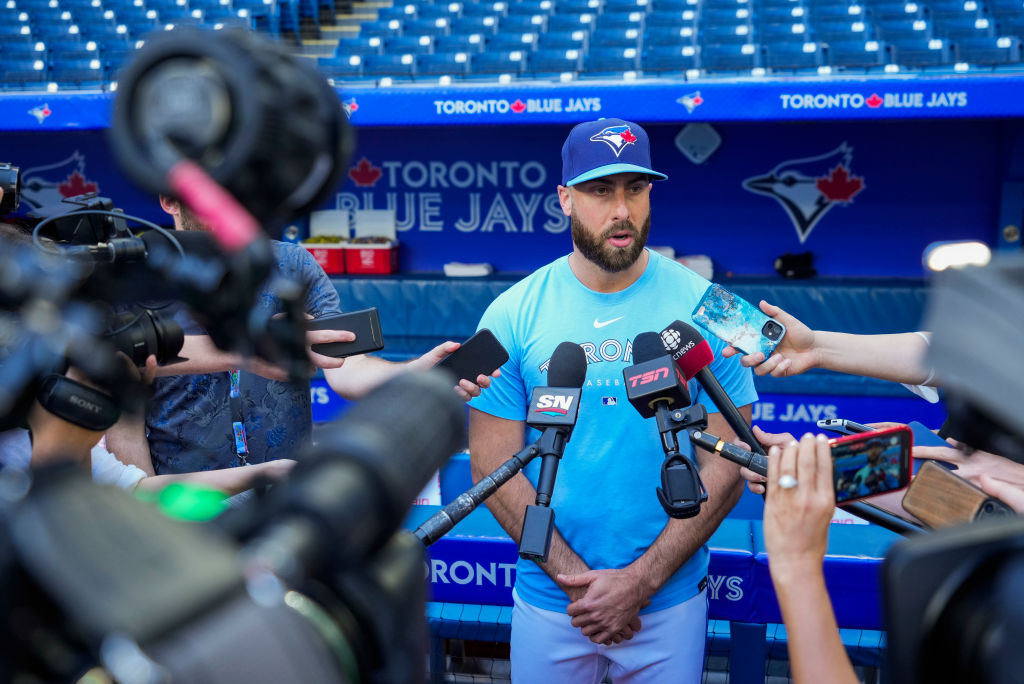 TORONTO, ON - MAY 30: Anthony Bass #52 of the Toronto Blue Jays makes a statement to the media before playing the Milwaukee Brewers in their MLB game at the Rogers Centre on May 30, 2023 in Toronto, Ontario, Canada.
