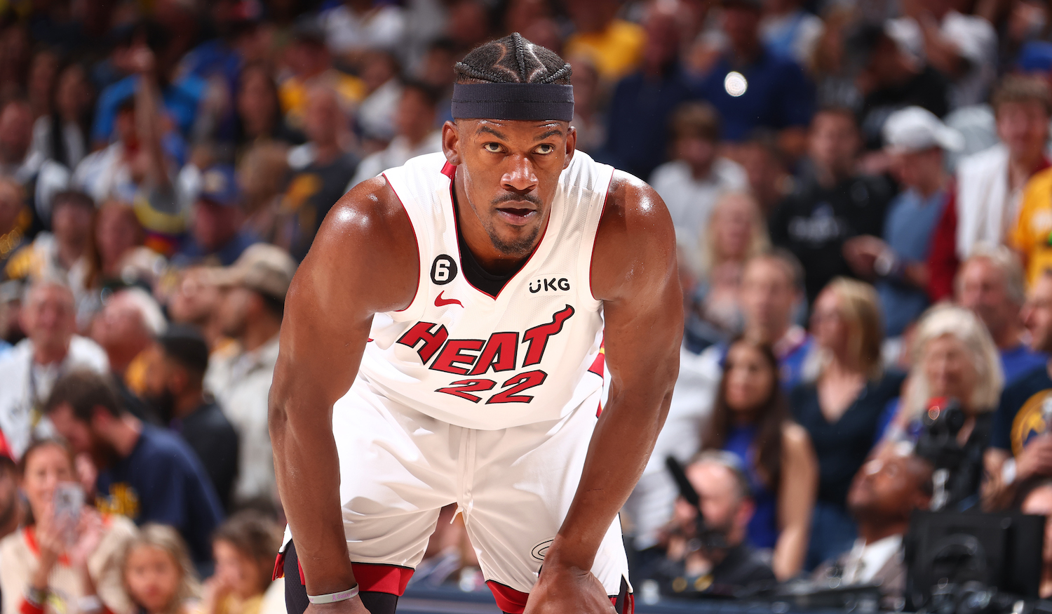 DENVER, CO - JUNE 4: Jimmy Butler #22 of the Miami Heat looks on during Game Two of the 2023 NBA Finals against the Denver Nuggets on June 4, 2023 at the Ball Arena in Denver, Colorado. NOTE TO USER: User expressly acknowledges and agrees that, by downloading and/or using this Photograph, user is consenting to the terms and conditions of the Getty Images License Agreement. Mandatory Copyright Notice: Copyright 2023 NBAE (Photo by Nathaniel S. Butler/NBAE via Getty Images)