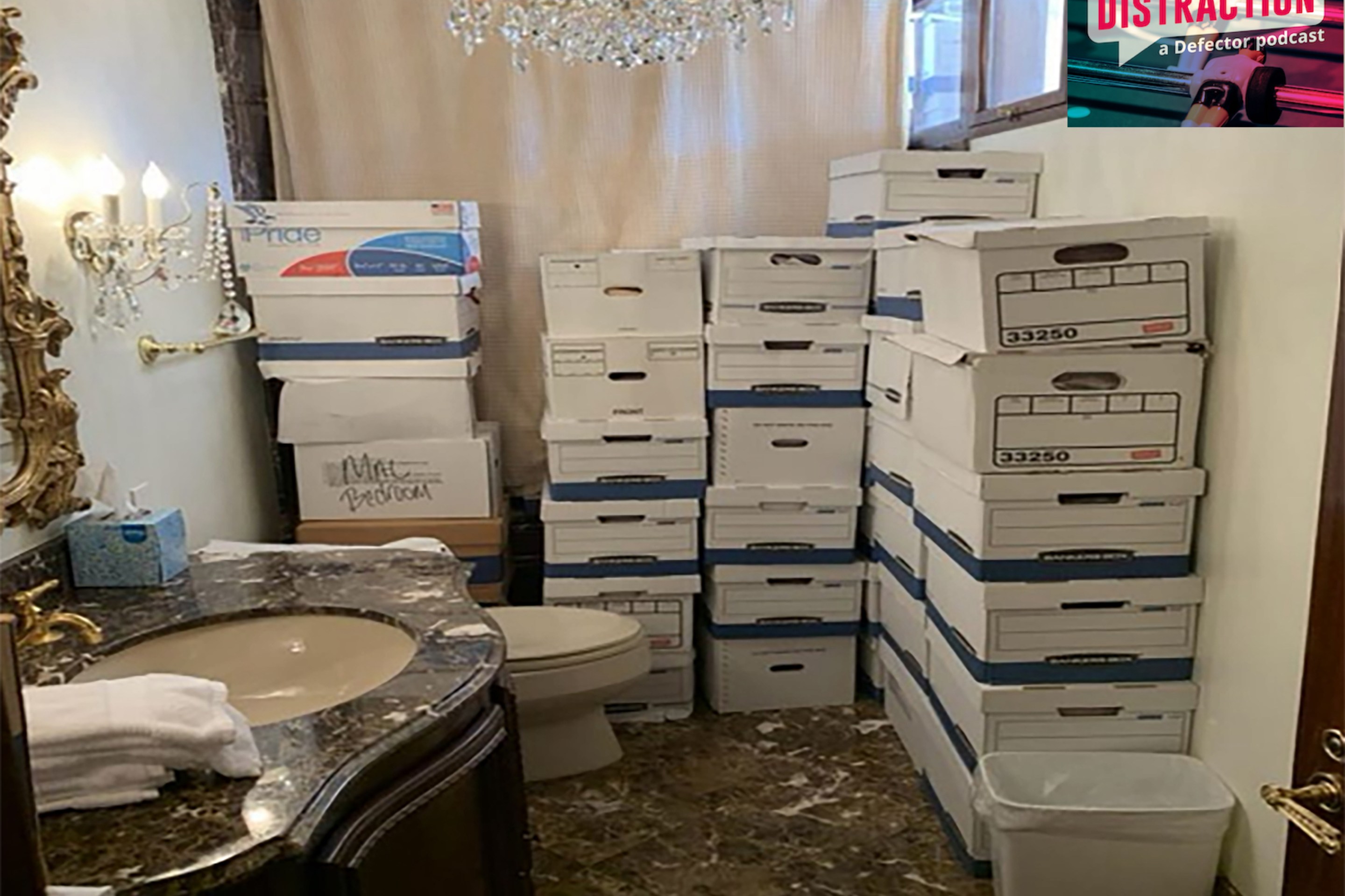 A bathroom at Mar-a-Lago positively jammed with boxes full of junk.