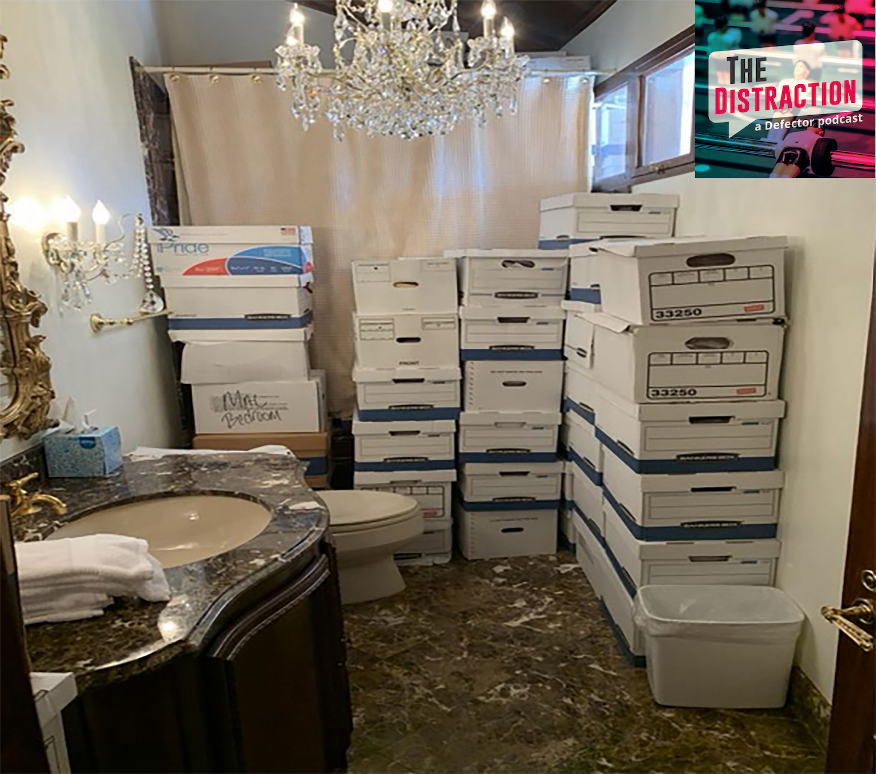 A bathroom at Mar-a-Lago positively jammed with boxes full of junk.