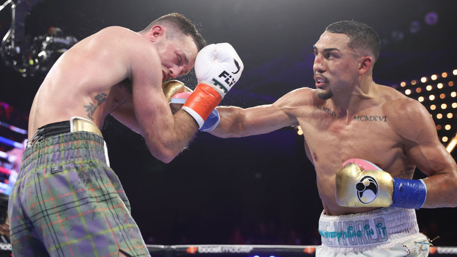 NEW YORK, NEW YORK - JUNE 10: Josh Taylor (L) and Teofimo Lopez (R) exchange punches during their WBO junior welterweight championship fight at The Hulu Theater at Madison Square Garden on June 10, 2023 in New York City.