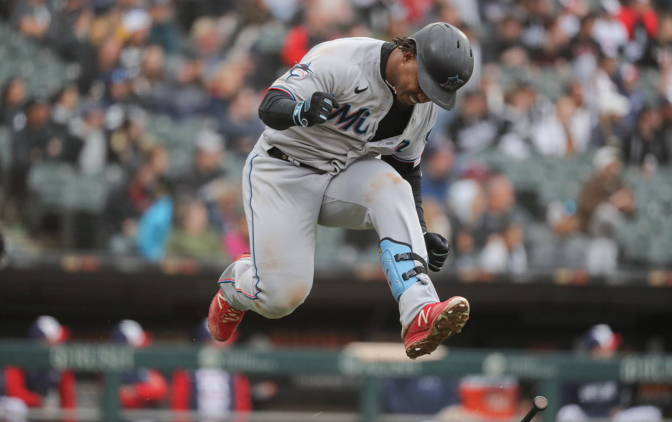 CHICAGO, IL - JUNE 11: Miami Marlins third baseman Jean Segura (9) jumps in the air after hitting a home run in the ninth inning during a Major League Baseball game between the Miami Marlins and the Chicago White Sox on June 11, 2023 at Guaranteed Rate Field in Chicago, IL. (Photo by Melissa Tamez/Icon Sportswire via Getty Images)