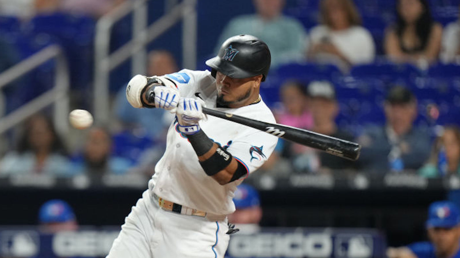 Miami Marlins second baseman Luis Arraez (3) connects to go five for five in the seventh inning during the game between the Toronto Blue Jays and the Miami Marlins on Monday, June 19, 2023 at LoanDepot Part in Miami, Fla.