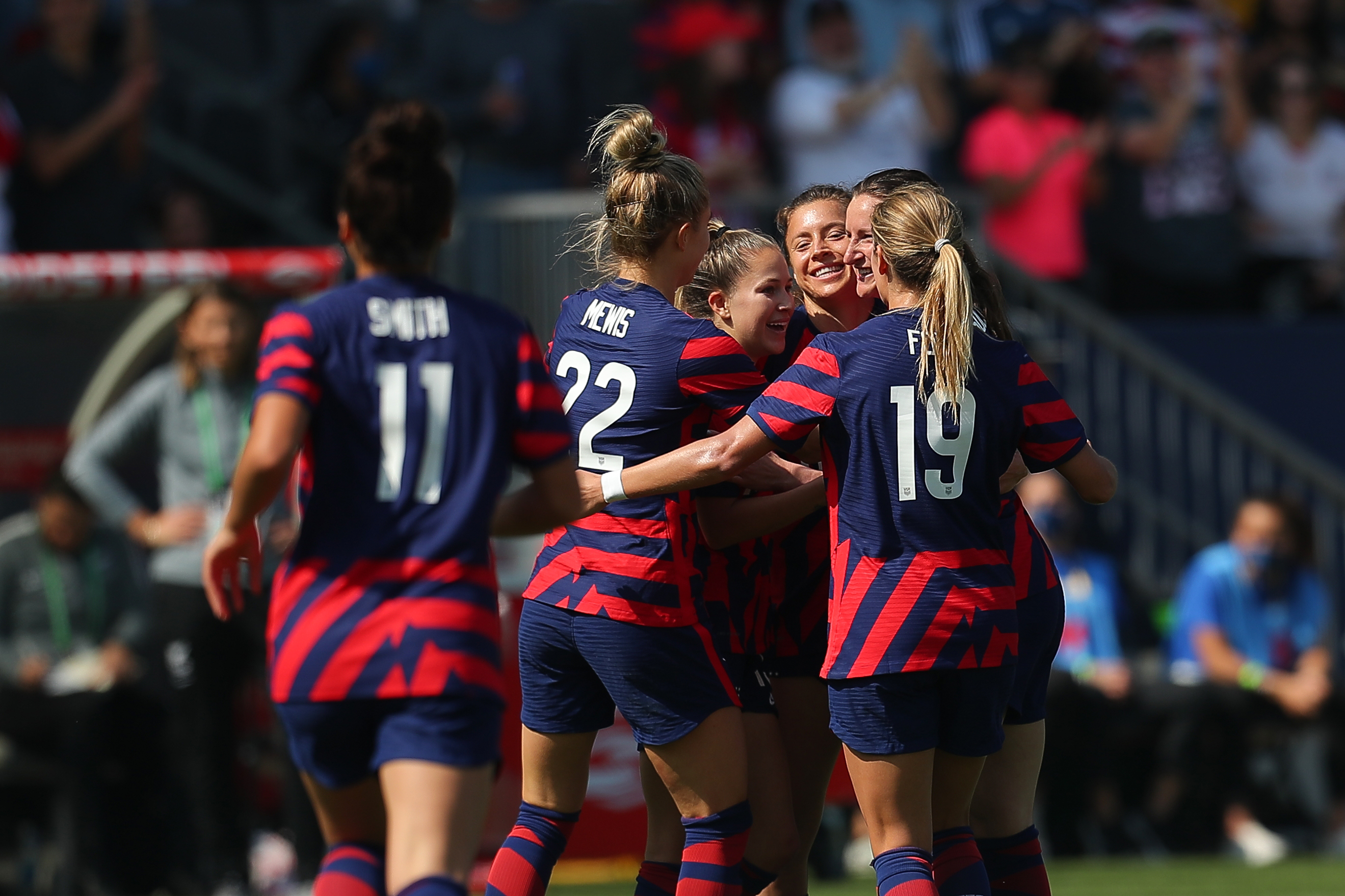 CARSON, CA - FEBRUARY 20: United States players celebrate a second own goal in their favor during a match between New Zealand and United States as part of SheBelieves Cup 2022 at Dignity Health Sports Park on February 20, 2022 in Carson, California. (Photo by Omar Vega/Getty Images)