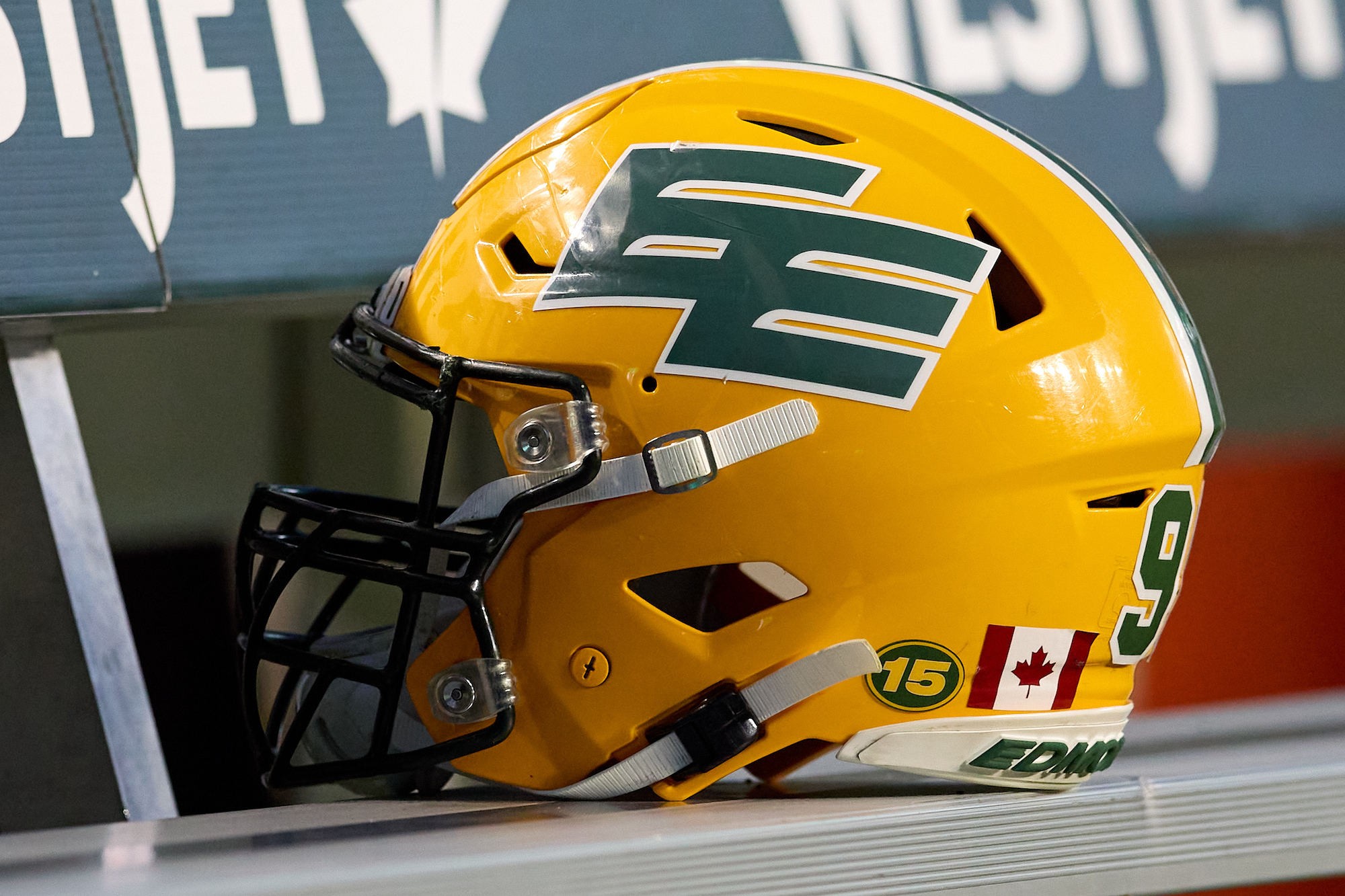 REGINA, SK - SEPTEMBER 16: An Edmonton Elks helmet on the bench before the game between the Edmonton Elks and Saskatchewan Roughriders at Mosaic Stadium on September 16, 2022 in Regina, Canada. (Photo by Brent Just/Getty Images)