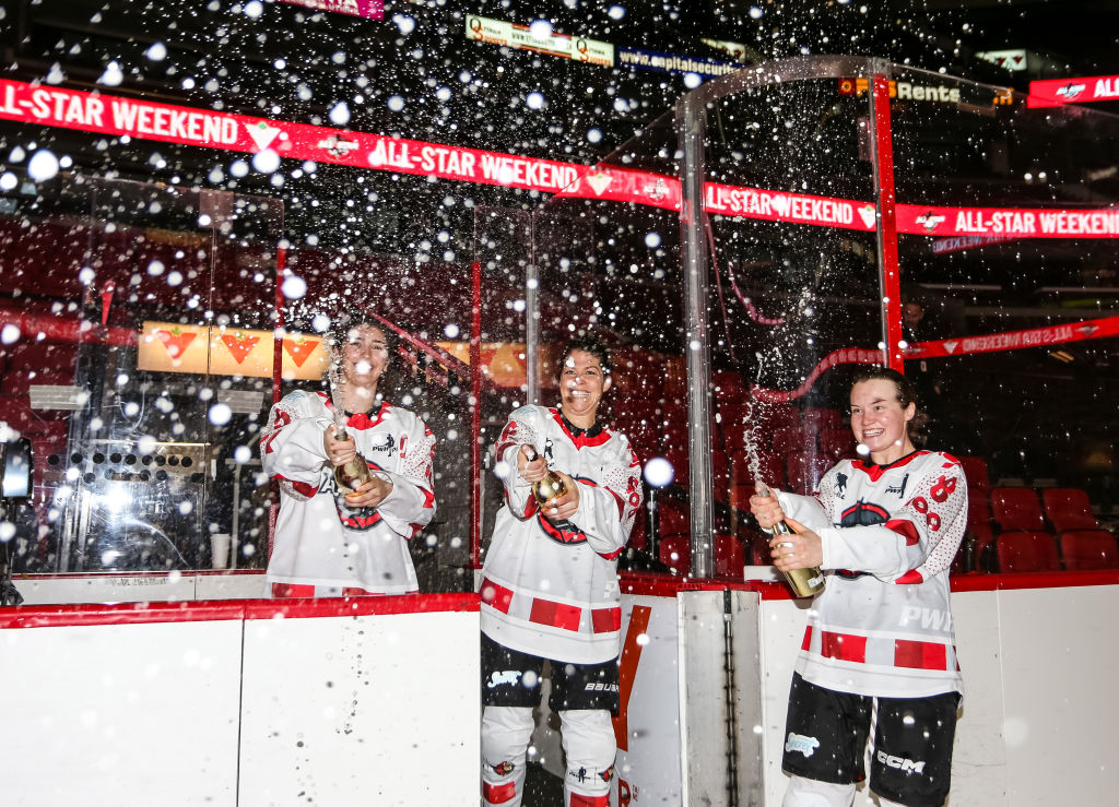 Megan Keller #5, Rebecca Johnston #6 and Micah Zandee-Hart #28 of Team Keller celebrate after a 2-1 shootout win in the finals of the PWHPA All-Star Tournament