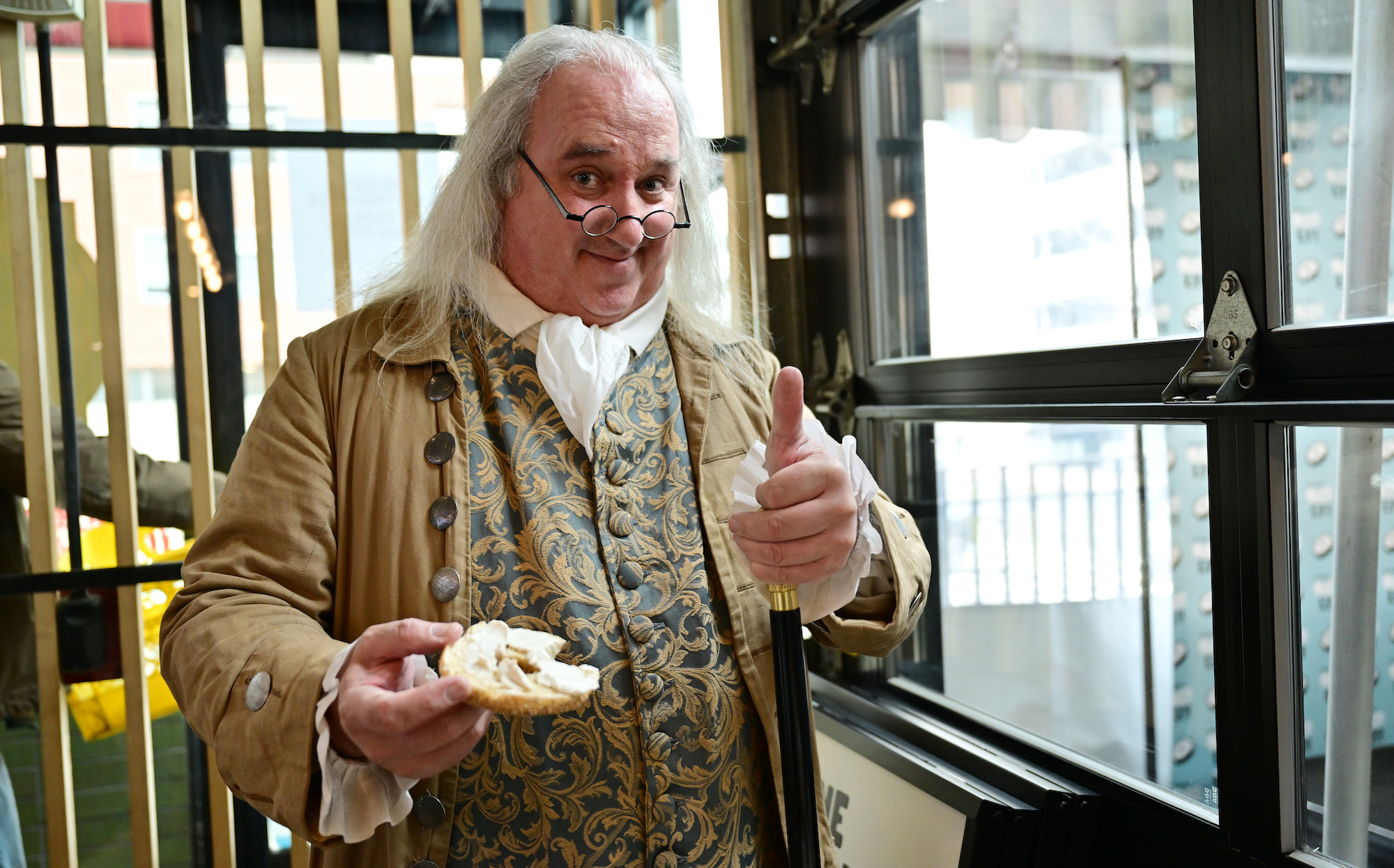 PHILADELPHIA, PENNSYLVANIA - FEBRUARY 22: Ben Franklin Impersonator, Robert DeVitis attends the pre-launch of Oatly's new plant-based Cream Cheese exclusively in Philadelphia at Spread Bagelry on February 22, 2023 in Philadelphia, Pennsylvania. (Photo by Lisa Lake/Getty Images for Oatly)