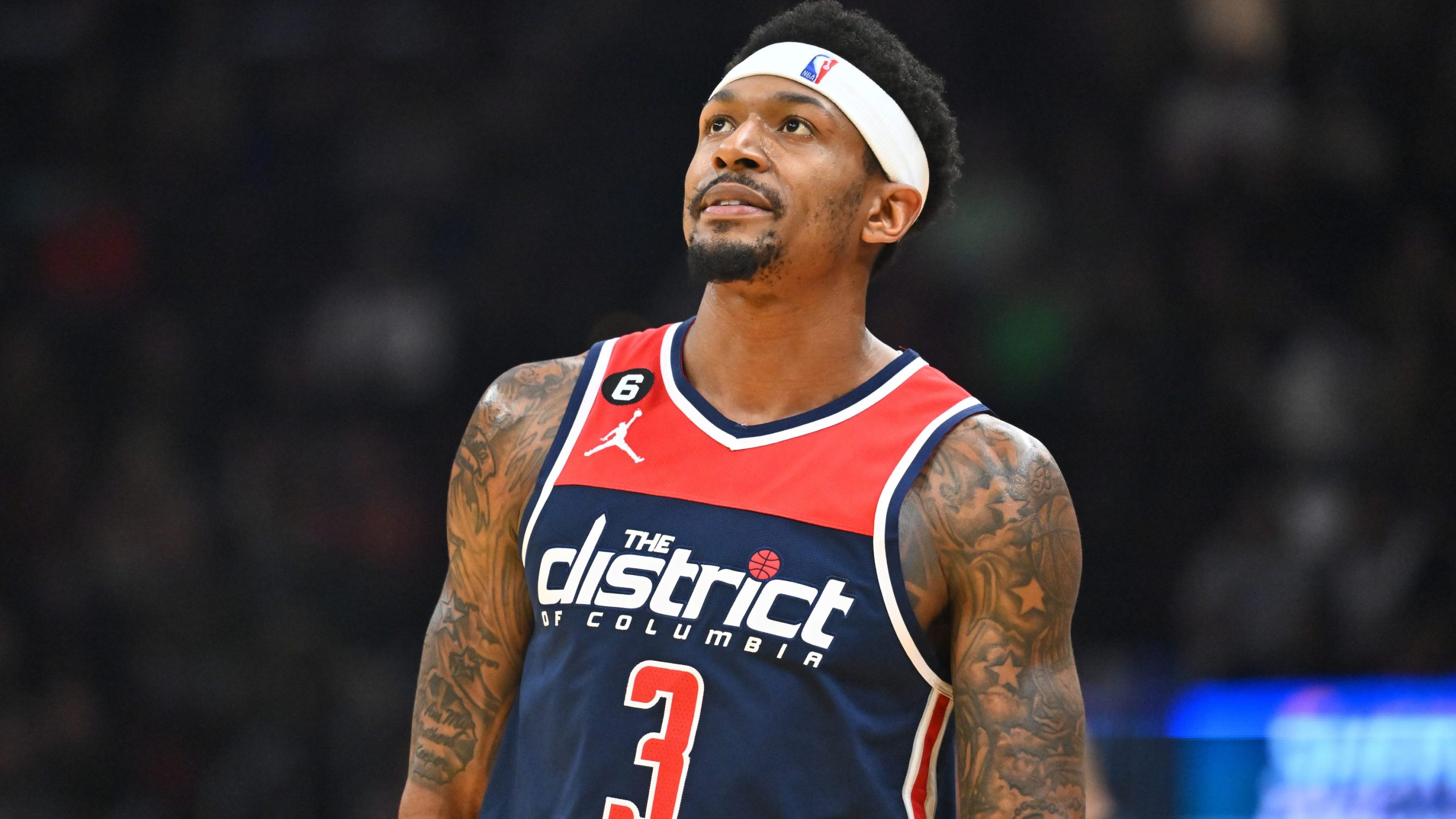 Bradley Beal #3 of the Washington Wizards watches during the second quarter against the Cleveland Cavaliers at Rocket Mortgage Fieldhouse on March 17, 2023.