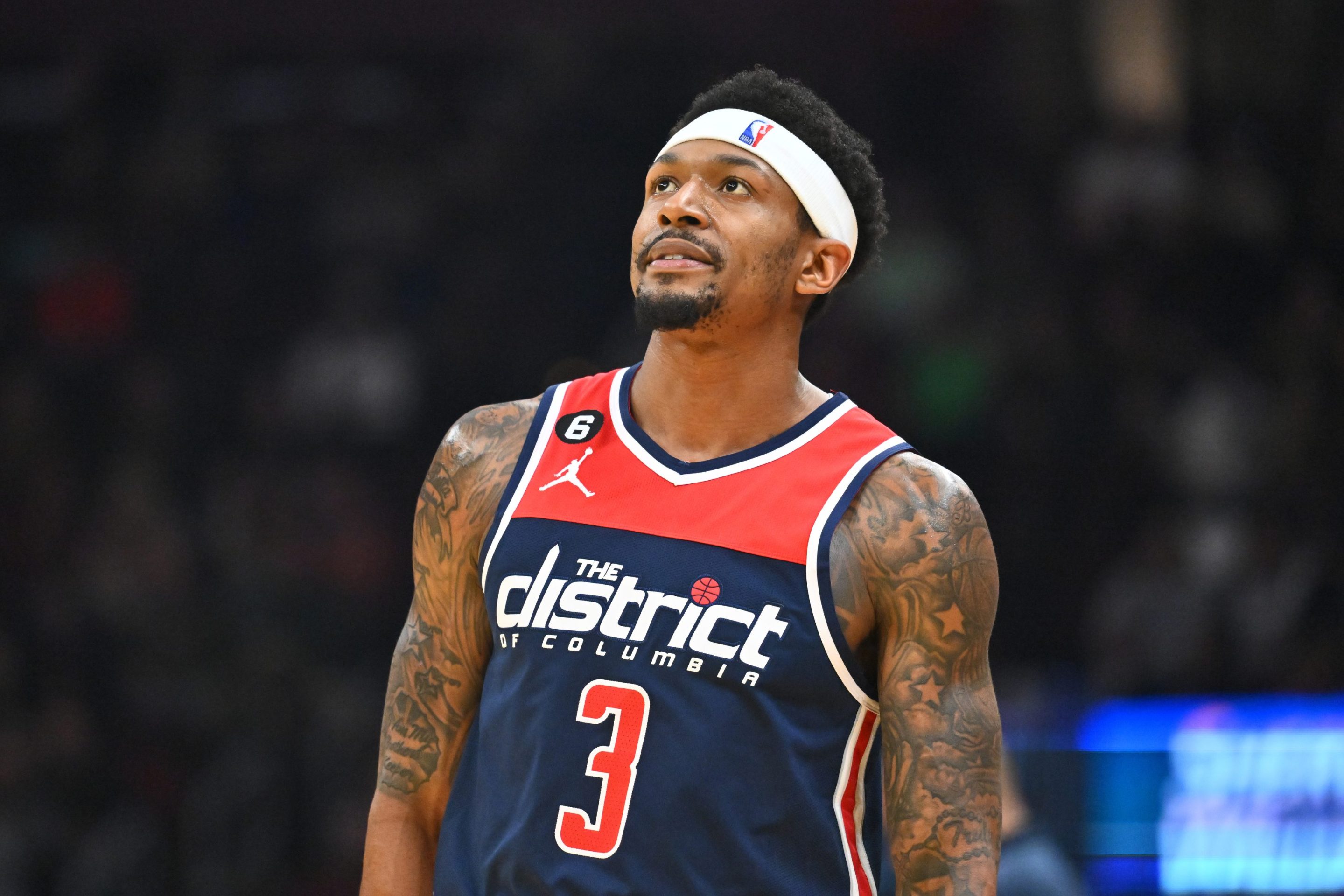 Bradley Beal #3 of the Washington Wizards watches during the second quarter against the Cleveland Cavaliers at Rocket Mortgage Fieldhouse on March 17, 2023.