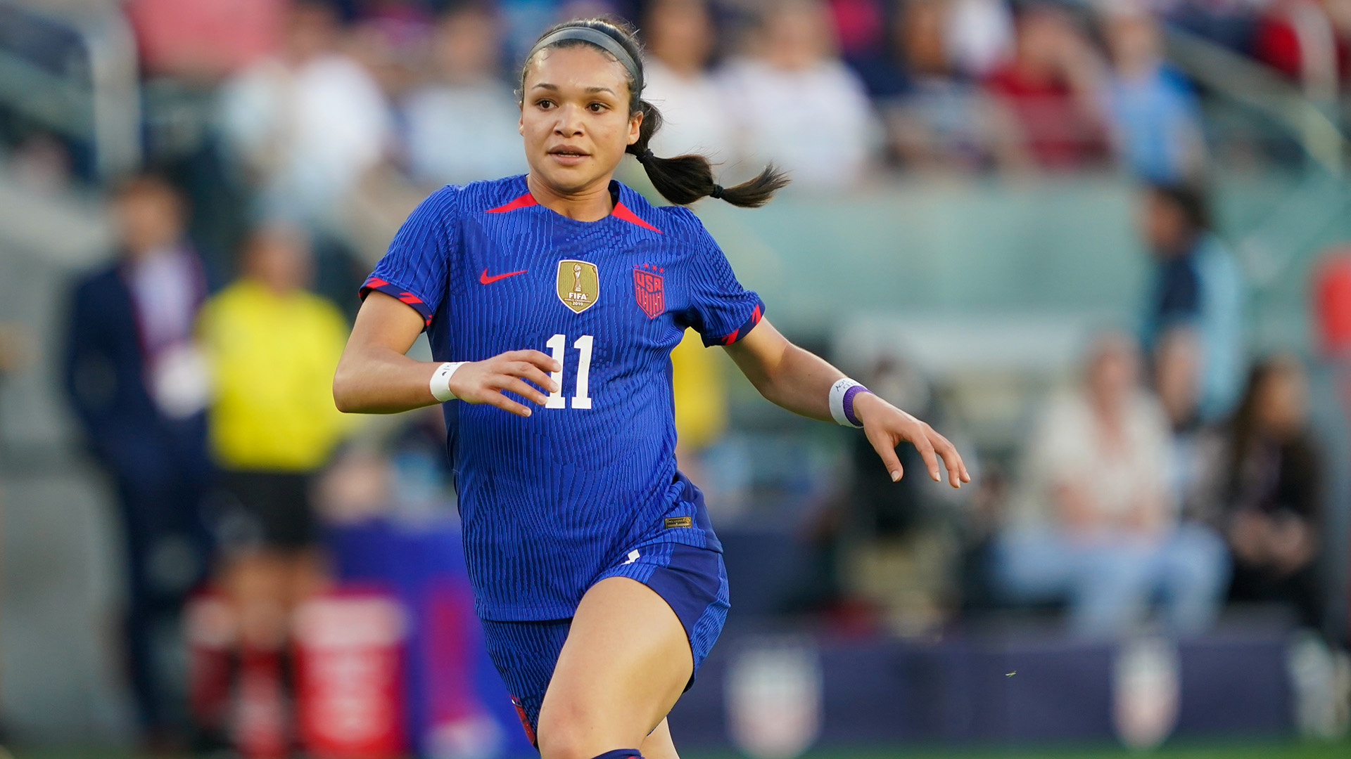 Sophia Smith #11 of the United States runs on the field during a game between Ireland and USWNT at CITYPARK on April 11, 2023 in Saint Louis, Missouri.