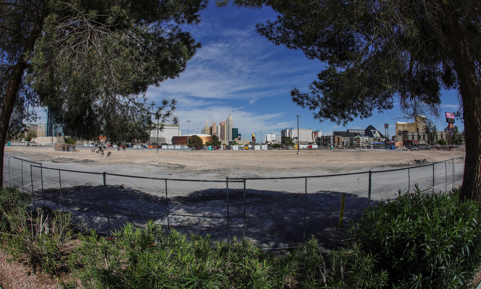 LAS VEGAS, NEVADA - APRIL 21: (EDITORS NOTE: This image was shot with a fisheye lens.) A view shows the Las Vegas Strip behind the site that the Oakland Athletics agreed in principle to purchase from Red Rock Resorts Inc. for a potential new ballpark on April 21, 2023 in Las Vegas, Nevada. The A's President Dave Kaval said the deal for the 49-acre plot of land, formerly the home of Wild Wild West Gambling Hall &amp; Hotel, could be used to relocate the Major League Baseball franchise from Oakland to Las Vegas. The team will now work on a public-private partnership to build a USD 1.5 billion, 30,000-to-35,000-seat, partially retractable-roof stadium in time for the 2027 season. (Photo by Ethan Miller/Getty Images)