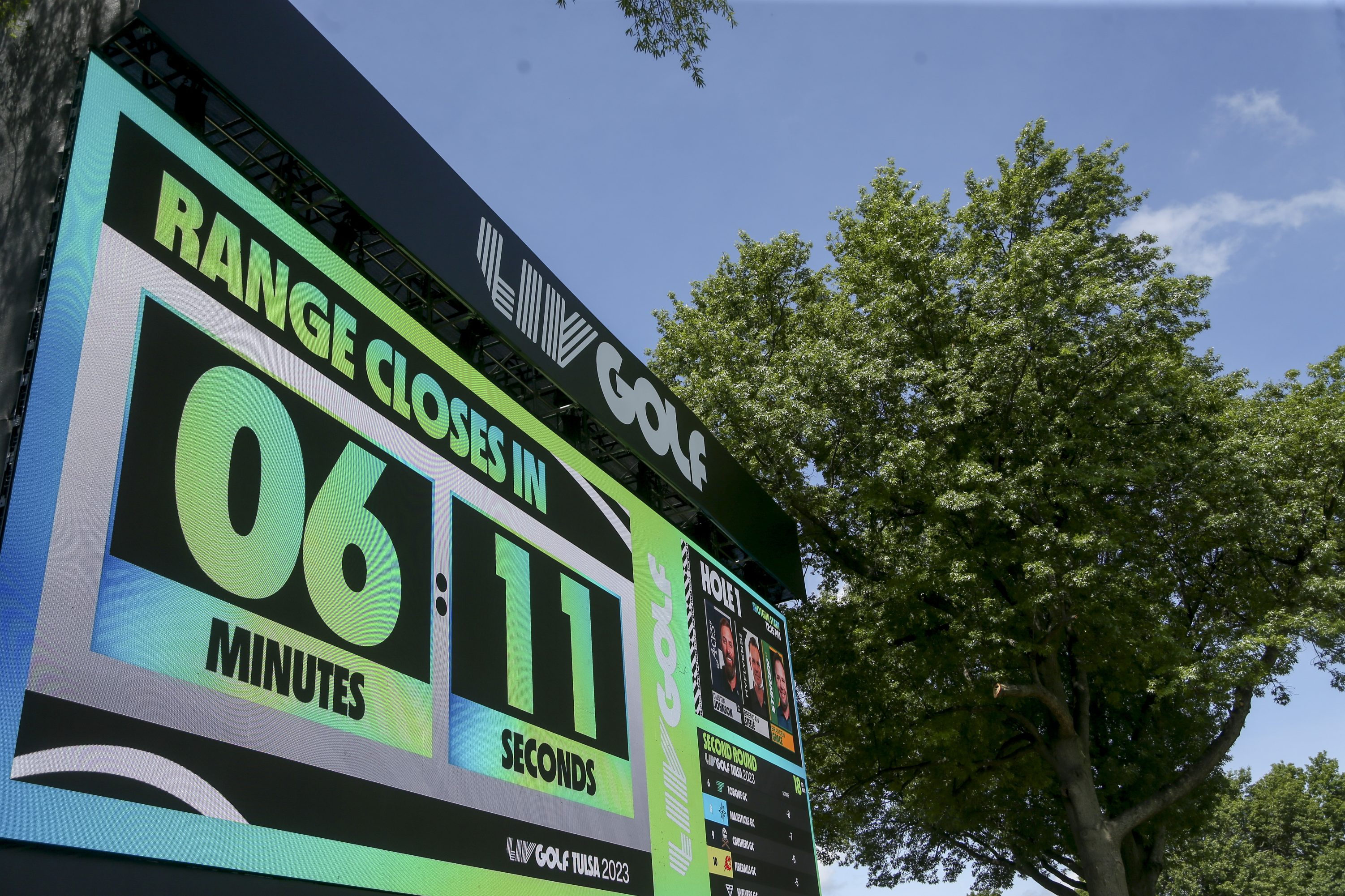 A scoreboard at the LIV Golf event at Broken Arrow, Oklahoma on May 13.