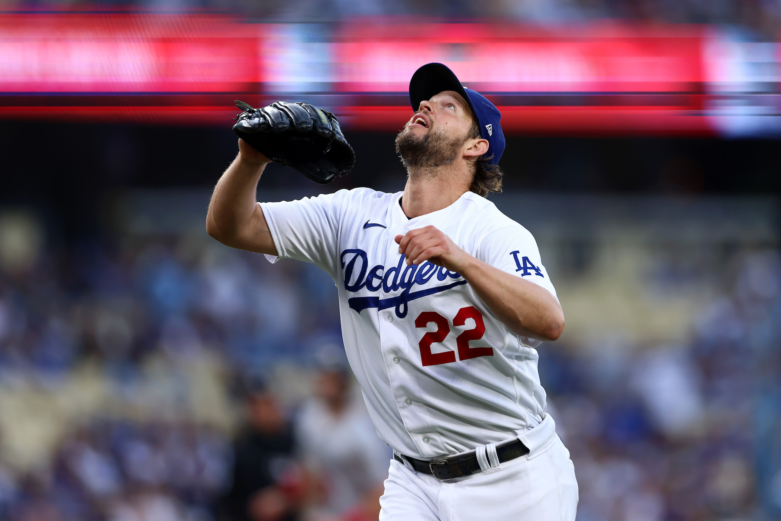 Clayton Kershaw looks up.