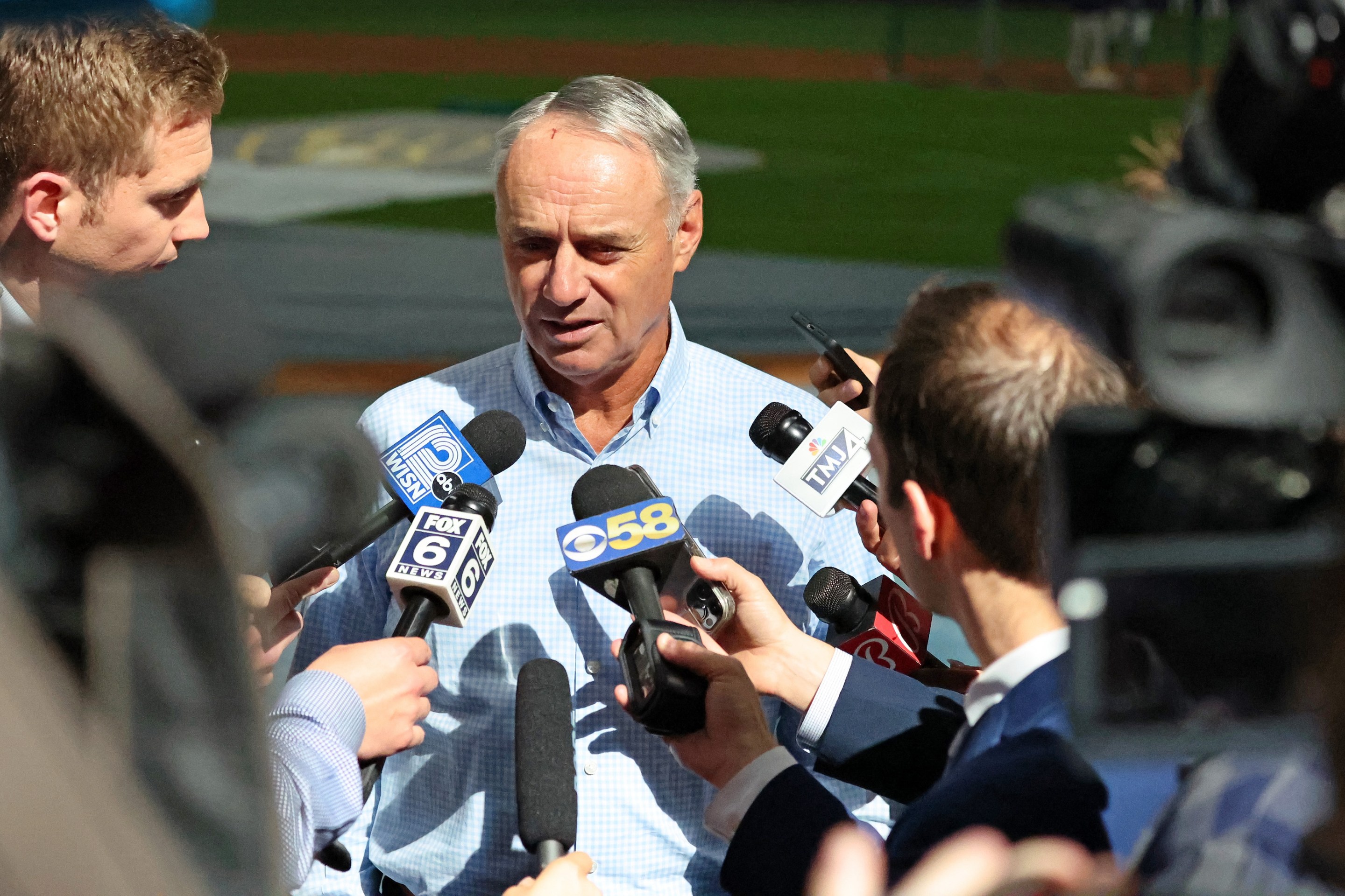 MLB Commissioner Rob Manfred speaks to the assembled press before a Brewers home game in May of 2023.