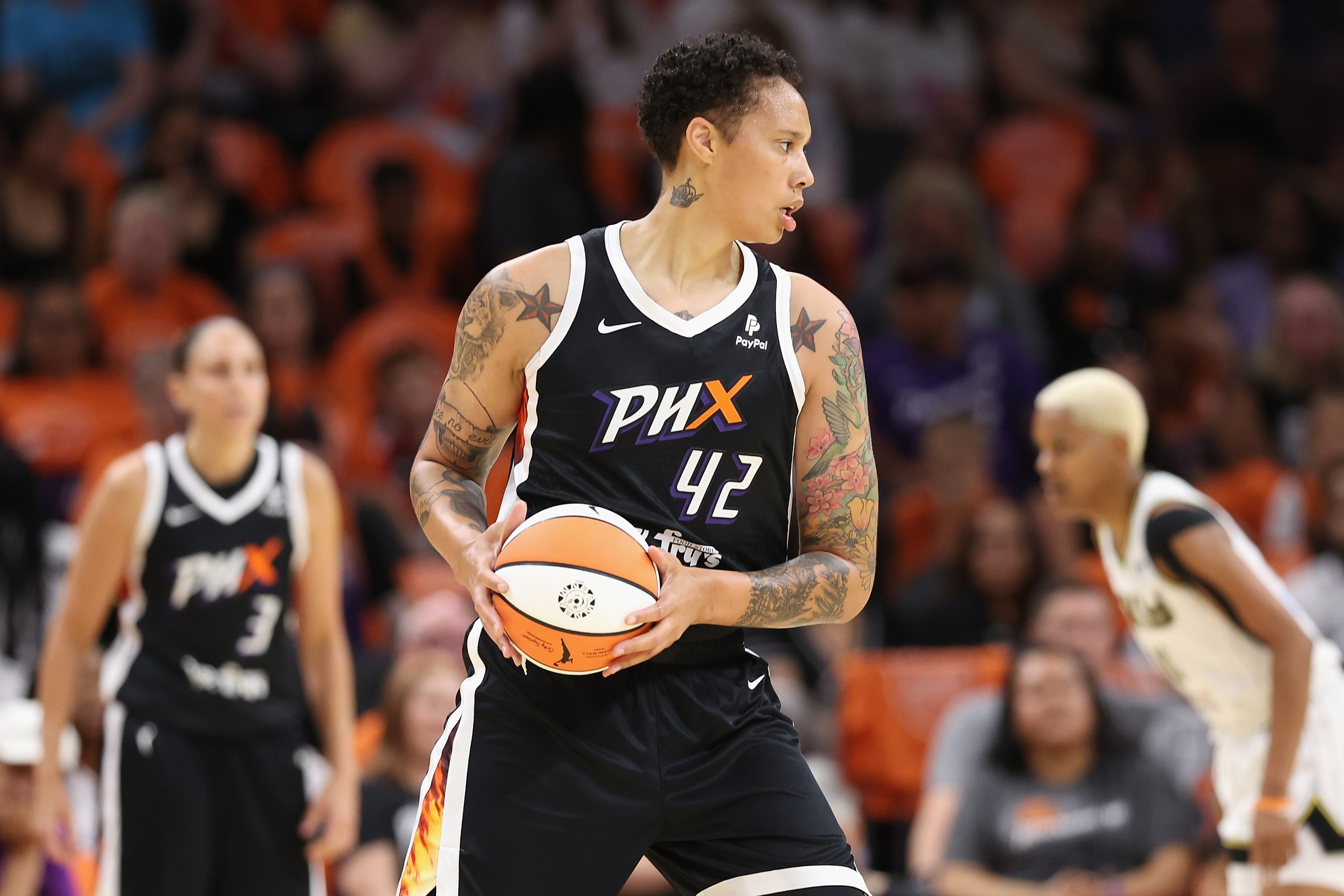 PHOENIX, ARIZONA - MAY 21: Brittney Griner #42 of the Phoenix Mercury handles the ball during the first half of the WNBA game at Footprint Center on May 21, 2023 in Phoenix, Arizona.